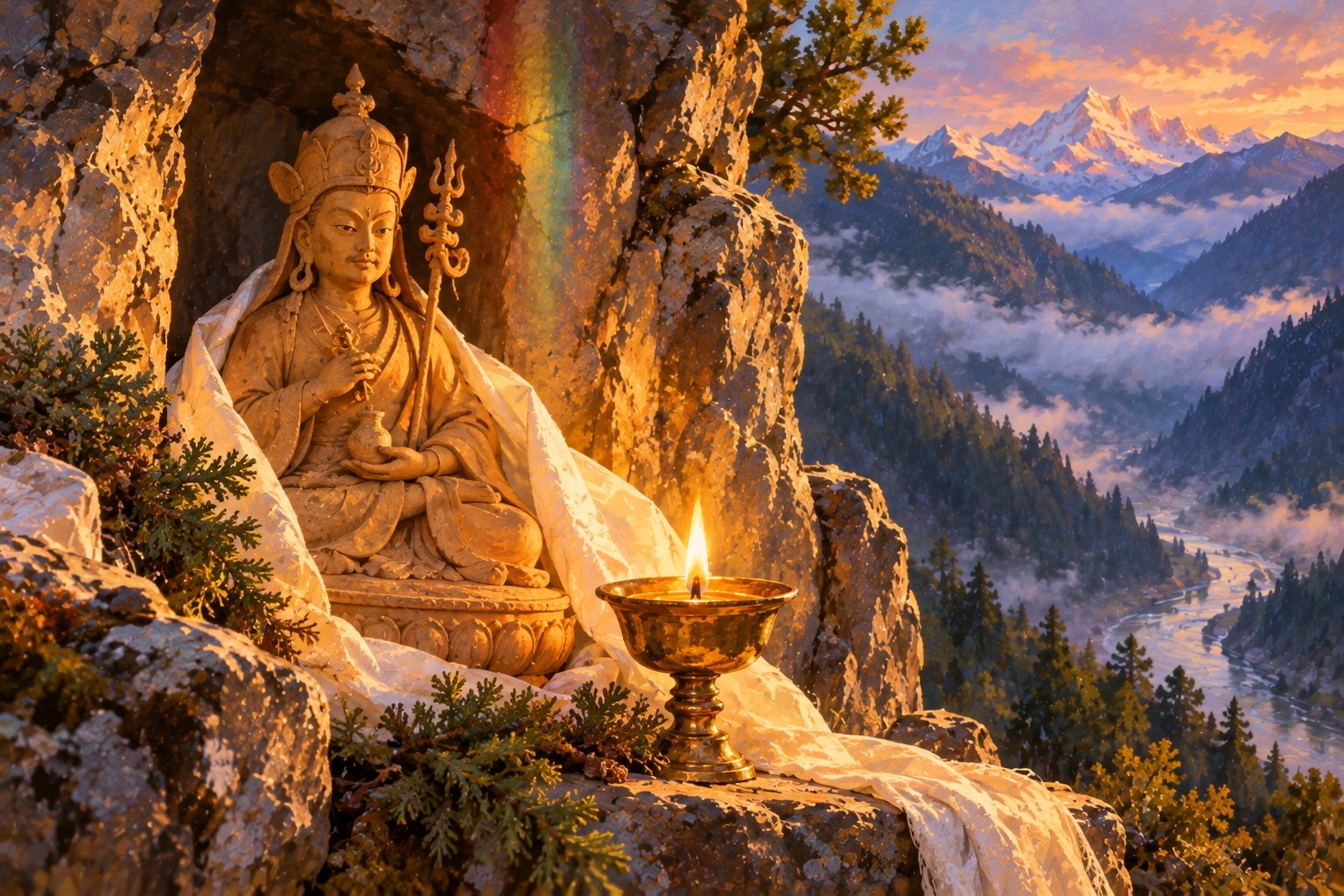 A small unpainted clay statue of Guru Rinpoche in a lotus hat stands in a rock niche on a white scarf, lit gold by late sun, with juniper and a butter lamp before it.