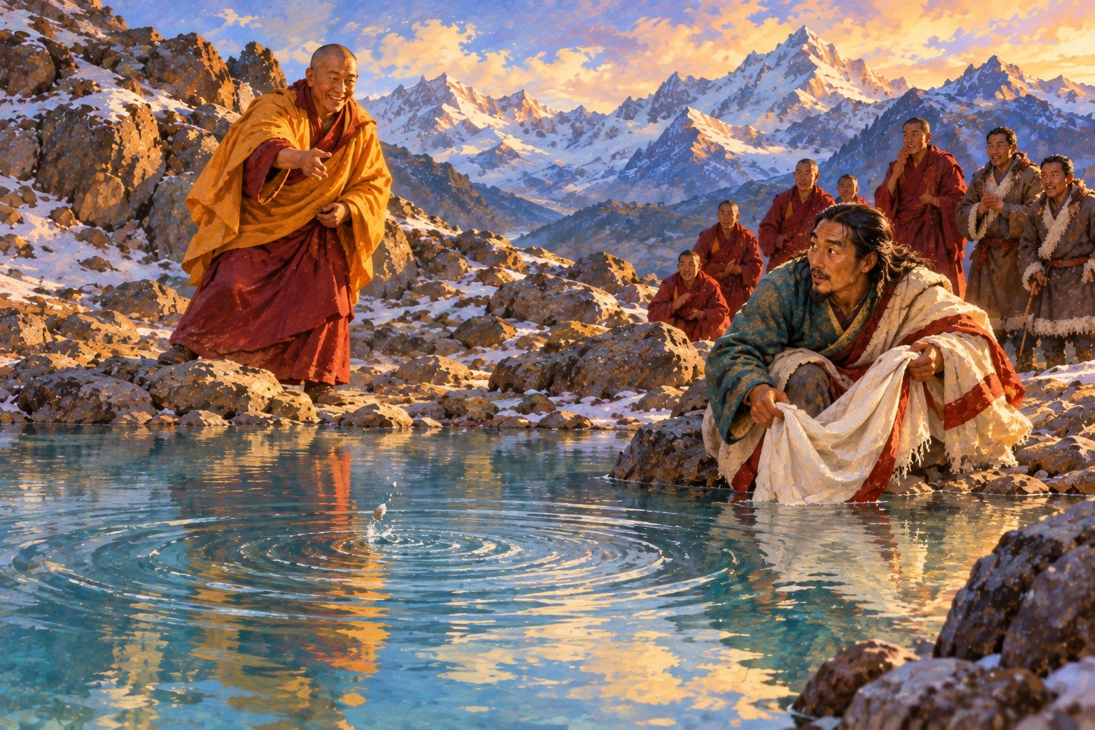 At a small turquoise lake in a high scree field, a smiling monk in a yellow shawl has just tossed a pebble while a long-haired man crouches at the edge with his shawl gathered like a net as the water swirls; onlookers watch from the slope.