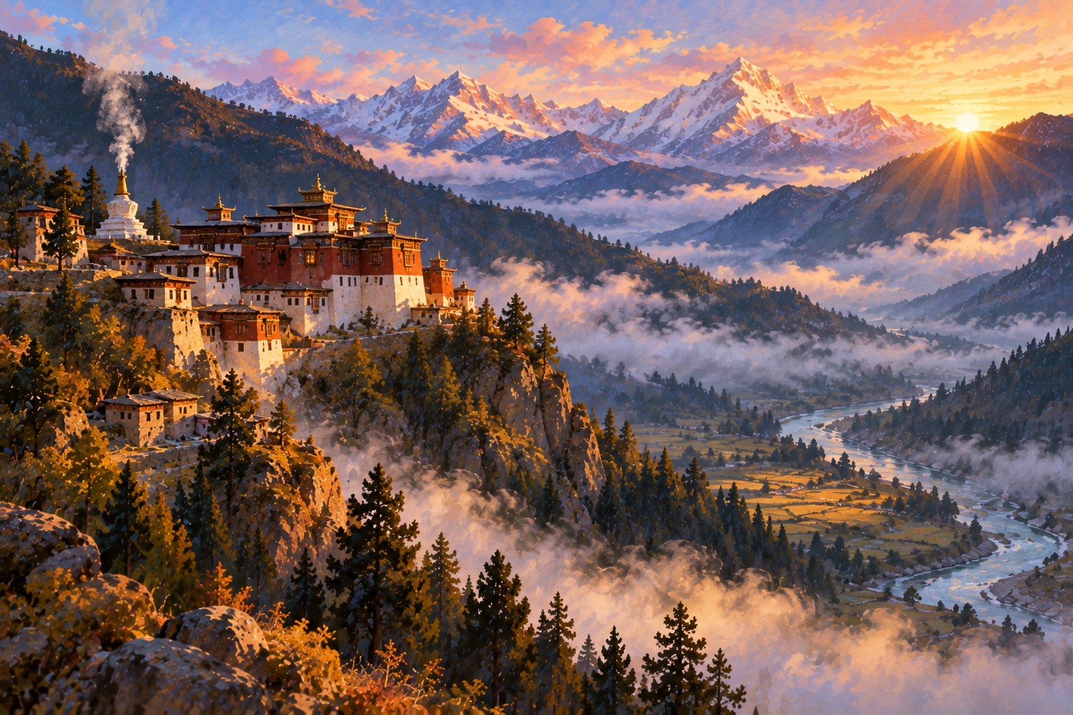 At dawn a white and red monastery on a rocky promontory catches the first gold light above a misty valley, with a single lamp glowing in a window and juniper smoke rising from a stupa.