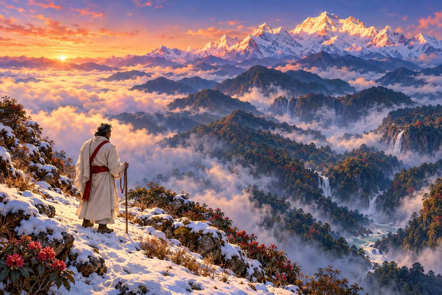 A vast dawn view from a snowy mountain pass. A small figure in a white shawl with a staff looks down over a sea of cloud and forested ridges, while a great white mountain massif glows pink and gold on the right.
