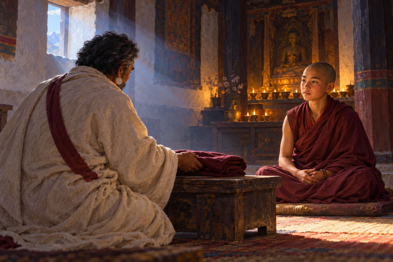 Inside a small lamplit temple at dawn, a boy with a shaved head in a maroon robe sits cross-legged on a cushion, calm and attentive, while an older monk in shadow lays a folded shawl on a table.