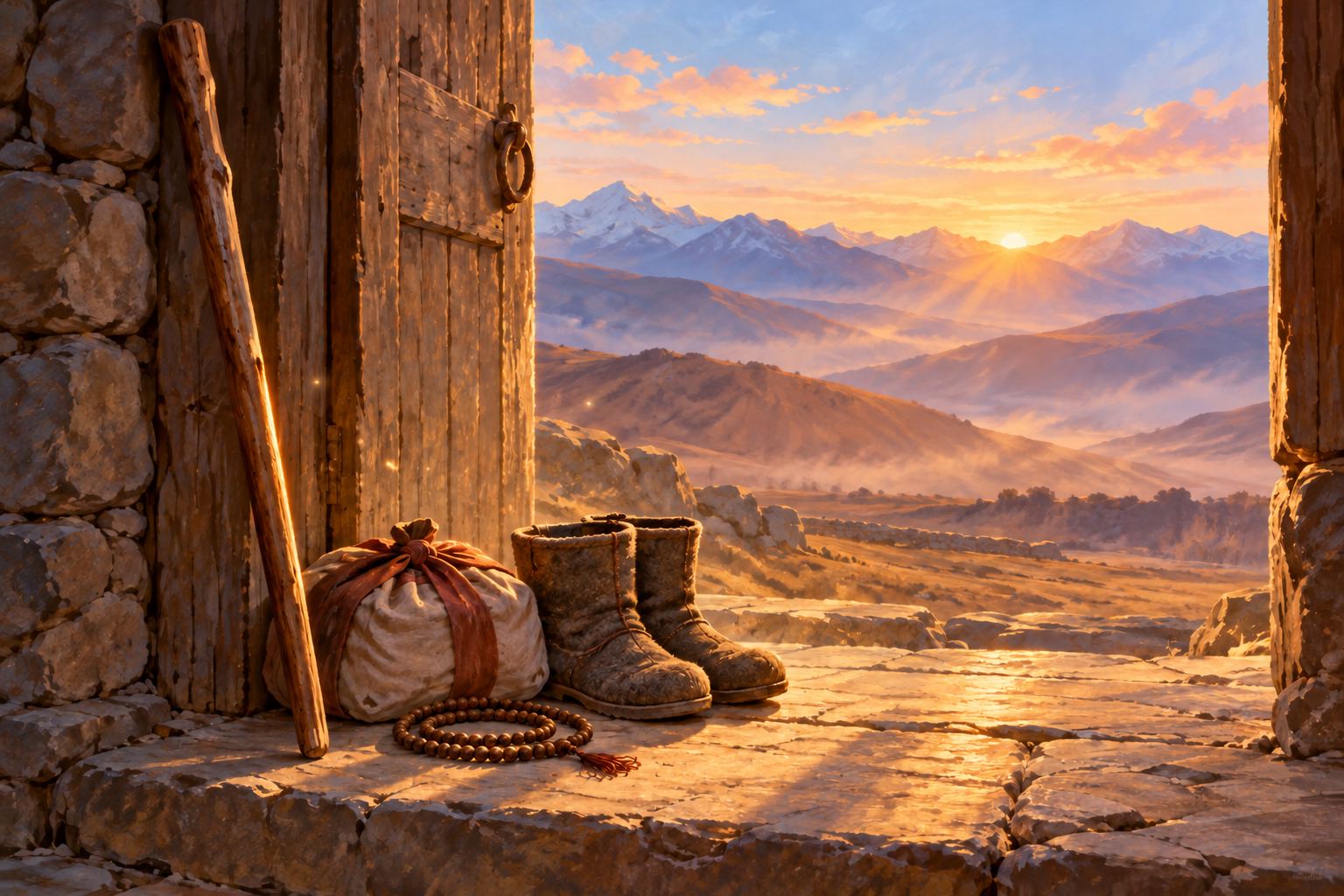 A wooden walking staff leans at a stone doorway at dawn. A cloth bundle, worn felt boots and a wooden mala lie on the threshold in a shaft of golden light.