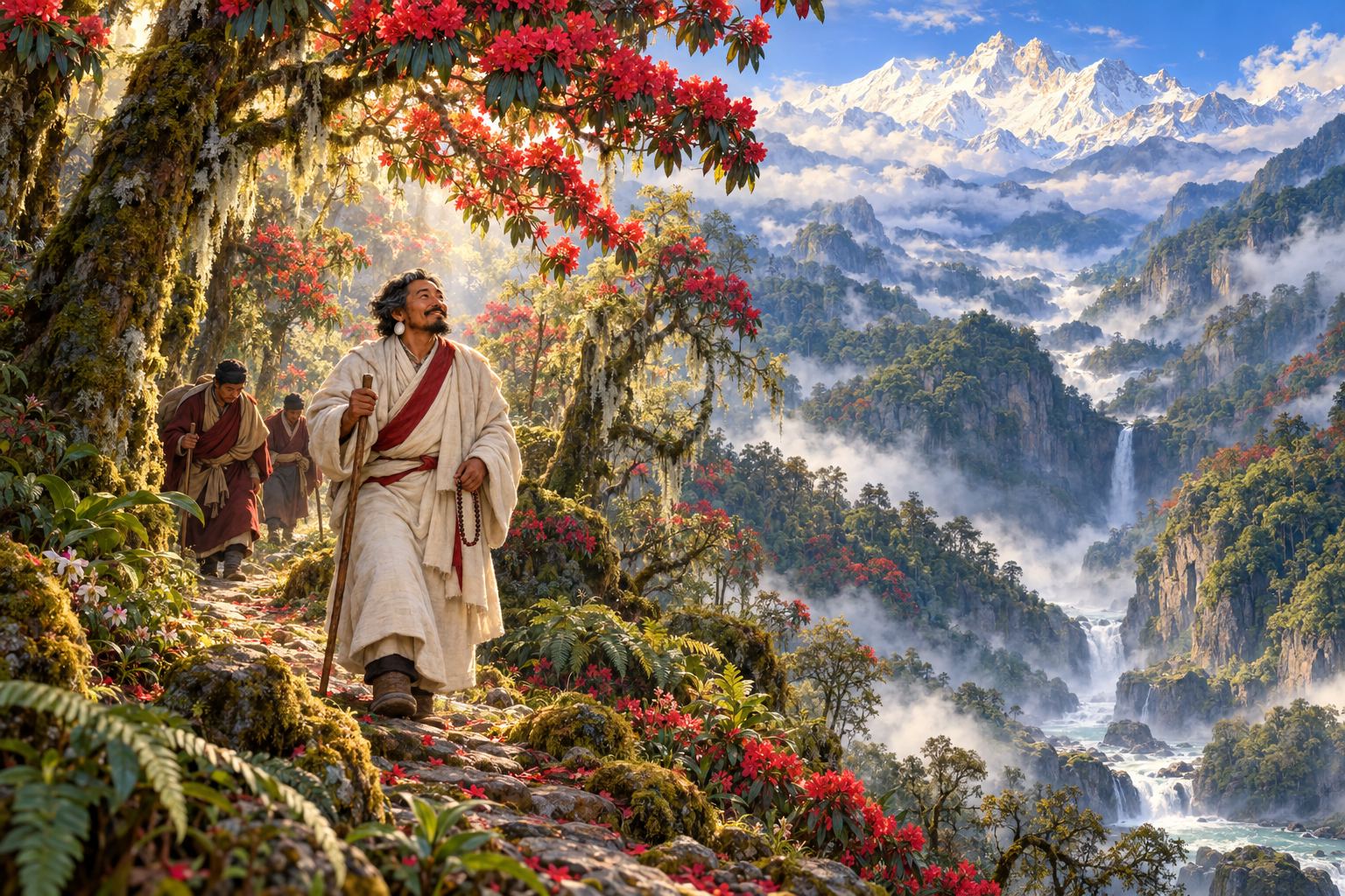 On a misty forest path under mossy trees and a red-flowering rhododendron, a man in a white shawl with a staff looks up in wonder, followed by two travellers carrying bundles.
