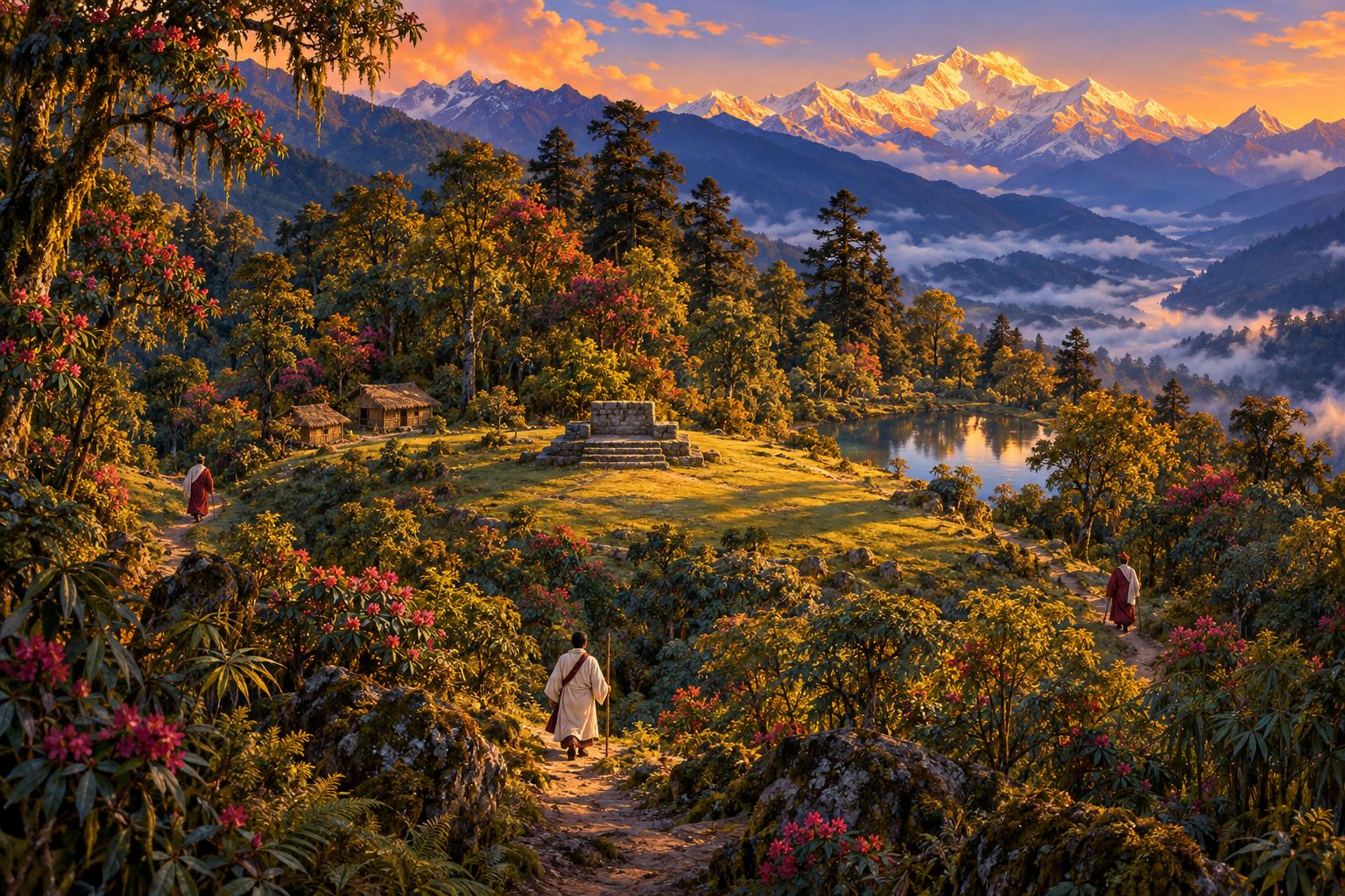 A high view of a green hilltop clearing in a forested valley at golden hour, with snow peaks behind. Three tiny robed figures walk toward it along three different paths.