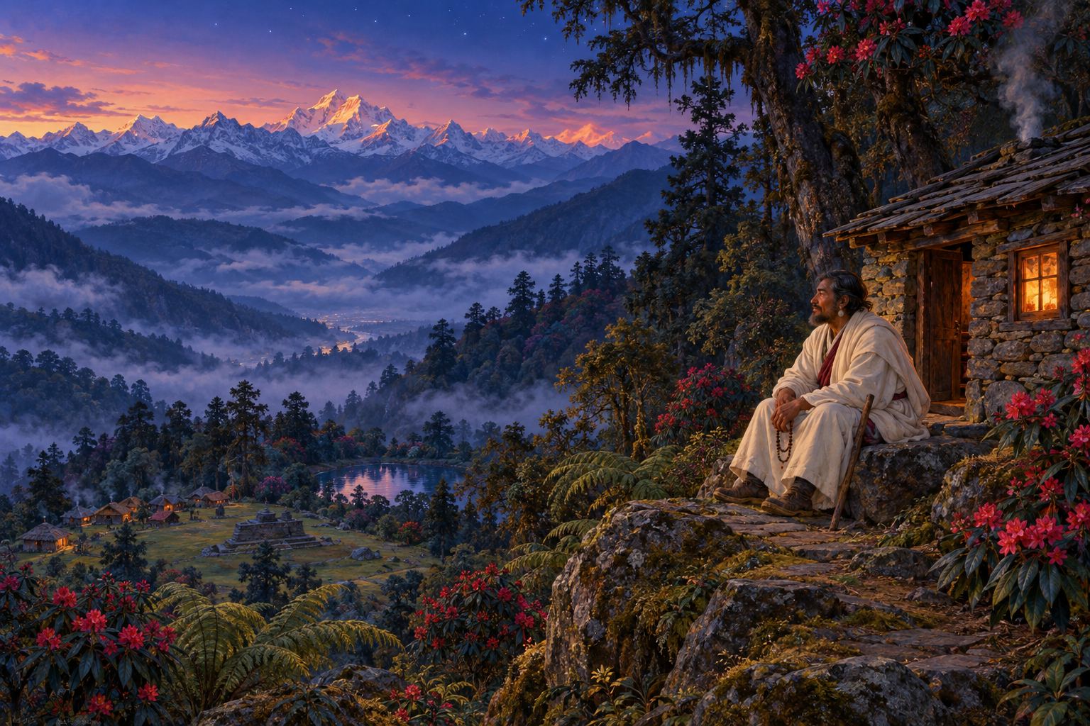 At dusk, a tiny stone-and-timber hermitage with a glowing window sits on a forested ridge above a misty valley. A small figure in white sits outside facing distant snow peaks under the first stars.