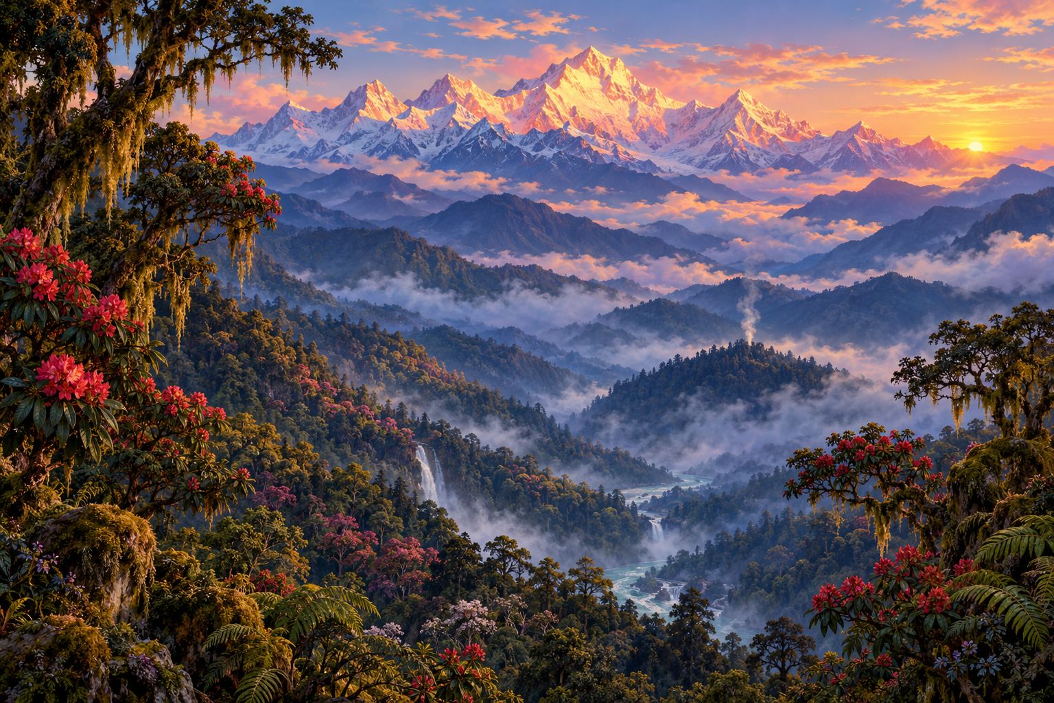 The great snowy massif of Kangchenjunga glows rose and gold at sunrise above layered blue forested ridges and mist, with a thin line of smoke rising from a distant hilltop.