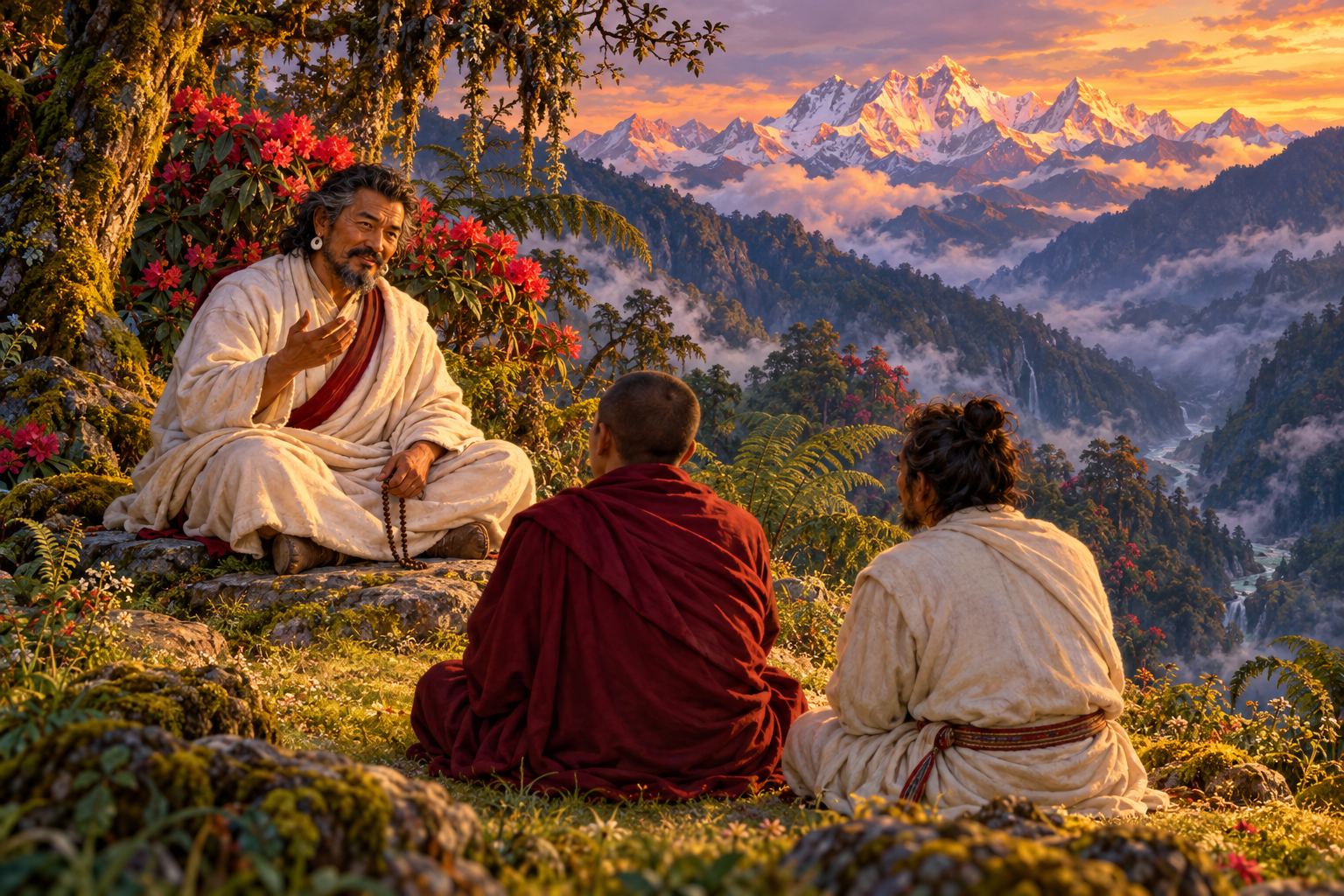 An elderly bearded teacher in a white shawl with a red strap sits on a stone outside a small hermitage at sunset, speaking gently to two seated students seen from behind.