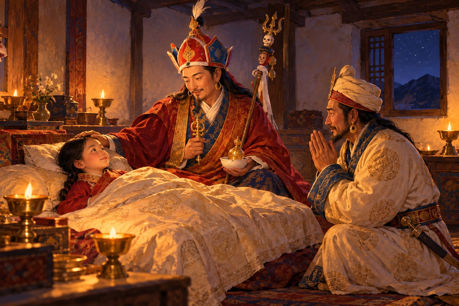 A lamplit chamber at night. A young girl in a red robe lies on a low bed, her eyes opening. Guru Rinpoche, in his lotus hat and robes and softly ringed with rainbow light, leans toward her, while a king in a cream turban and robe kneels across the bed with joined hands.