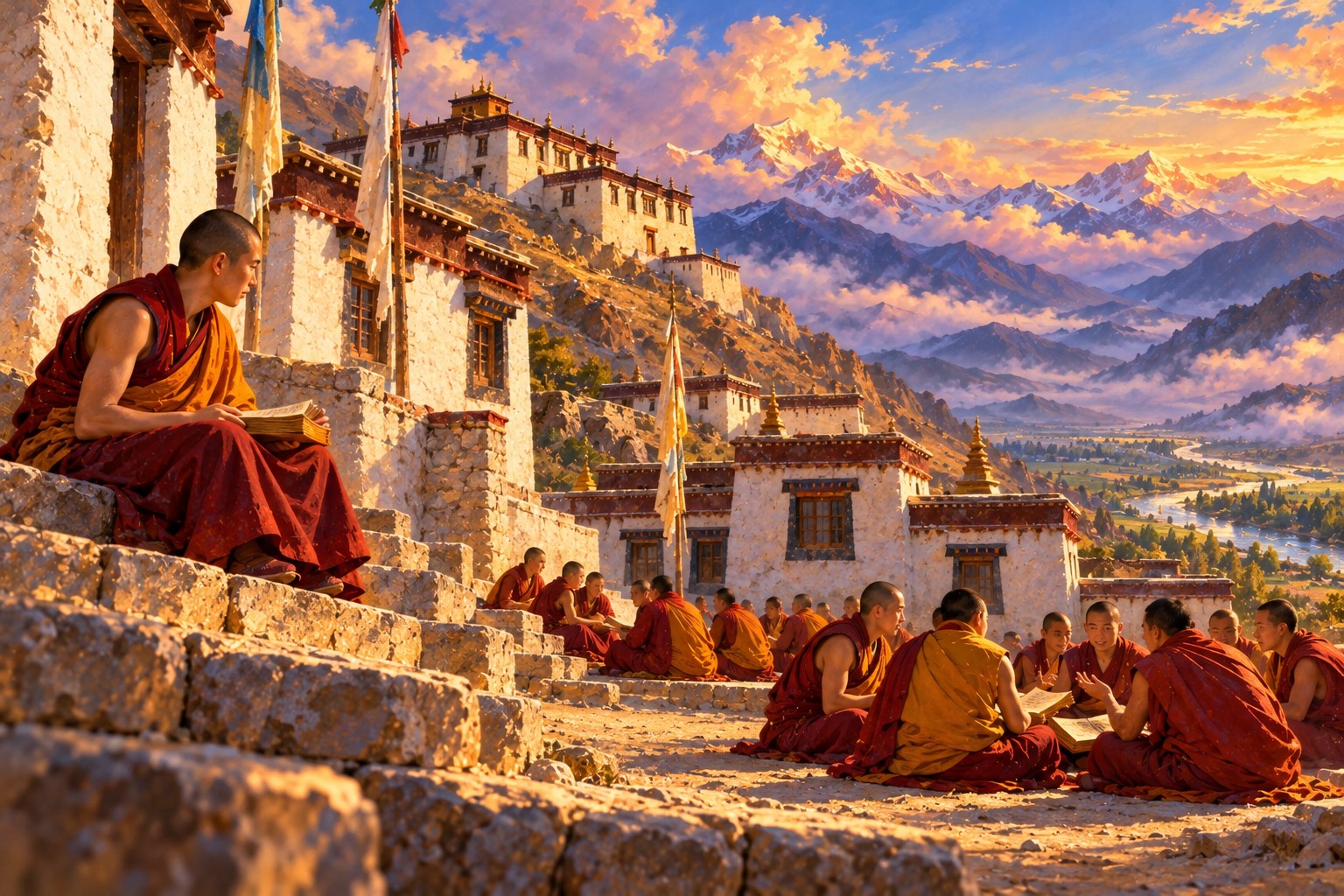 Looking up a dry hillside at a monastic college of whitewashed, flat-roofed buildings. Monks in red and yellow robes sit in groups in a courtyard, while one young monk sits a little apart on the steps with a book on his knees.
