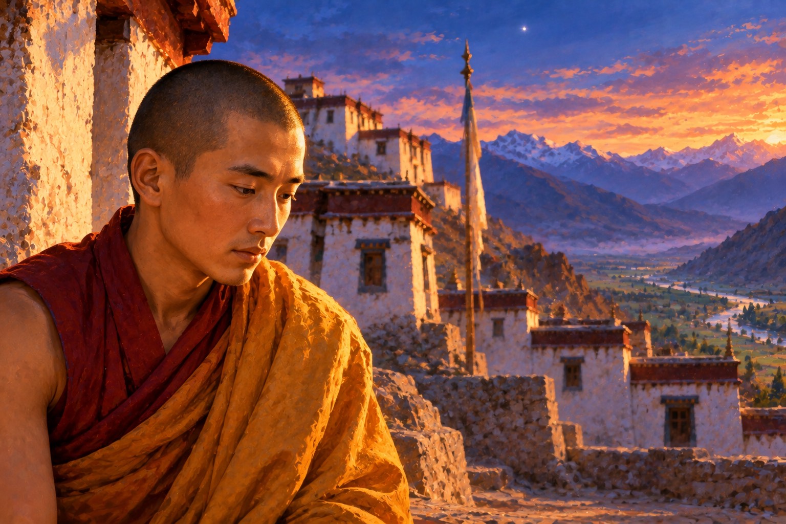 Head-and-shoulders portrait of a young shaven-headed monk in red and yellow robes at dusk, his face calm but sad, beside a whitewashed wall with darkening hills behind.