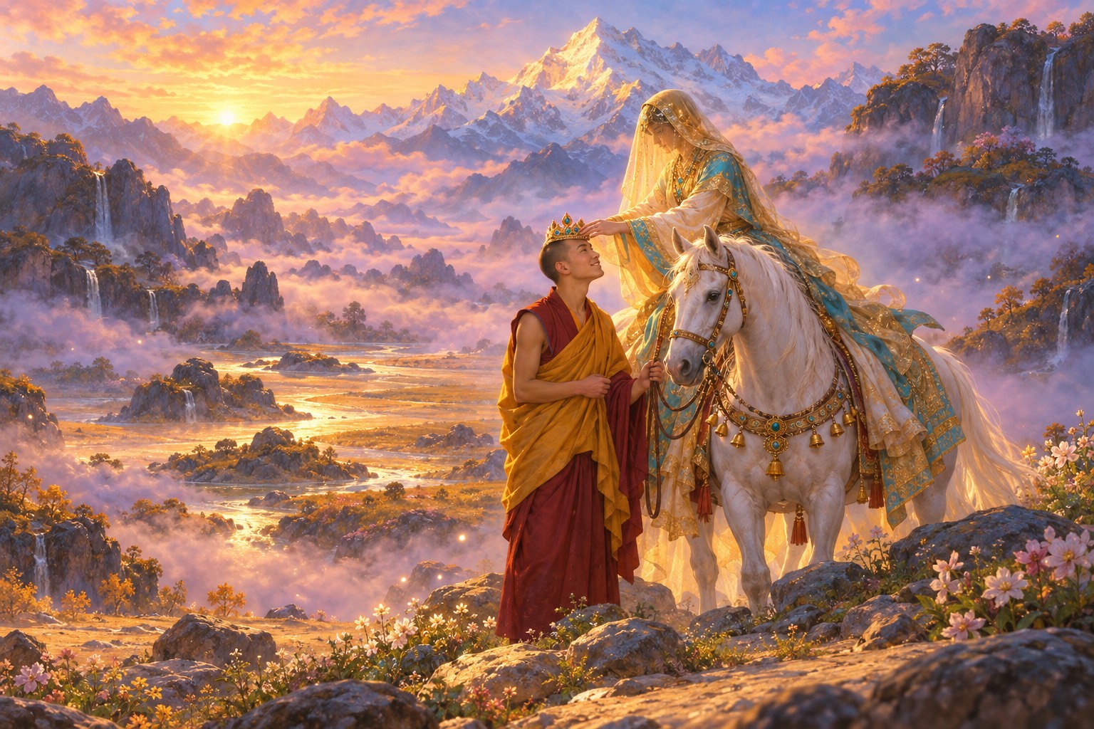 A dreamlike sandy valley with waterfalls in golden mist. A girl in silk and turquoise ornaments, her face hidden by a golden veil, leans from a white horse hung with bells to set a jewelled crown on the head of a young monk holding the reins.