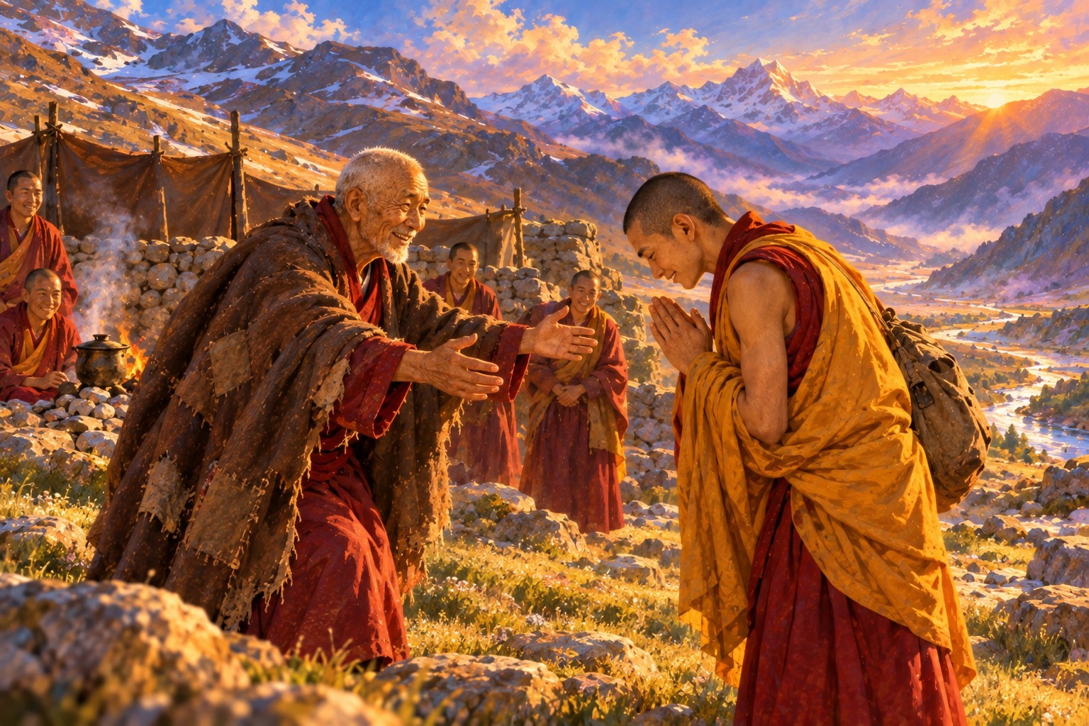 In a bare spring valley with stone-and-cloth windbreaks, an old monk in a brown cloak reaches out both hands in welcome to a young monk who bows with joined hands. A few students watch from behind.