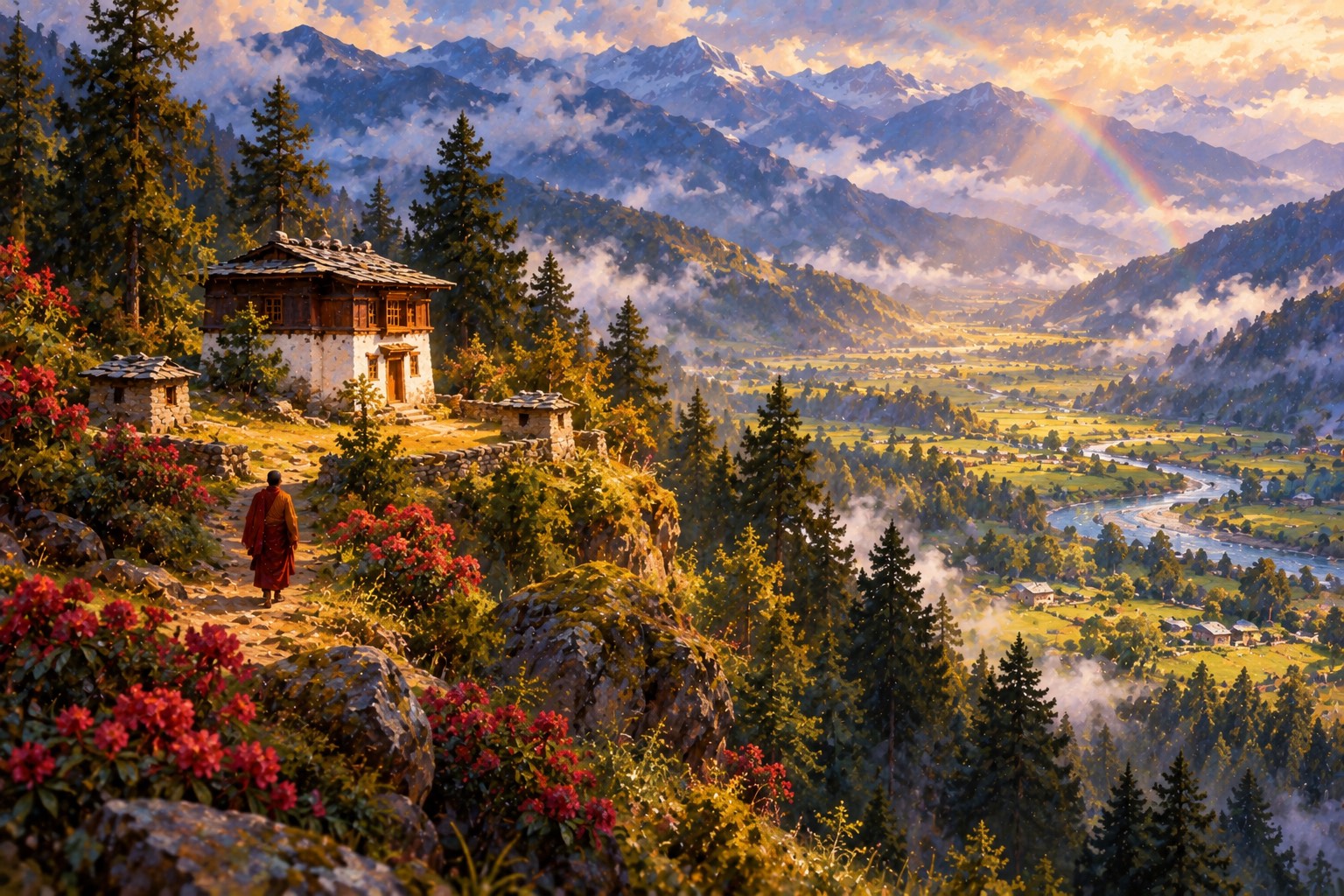 A bird's-eye view of a small white temple with a dark timber upper floor in a forest clearing high above a green valley with a winding river, mist and a faint rainbow; a tiny monk in red walks up the path toward it.