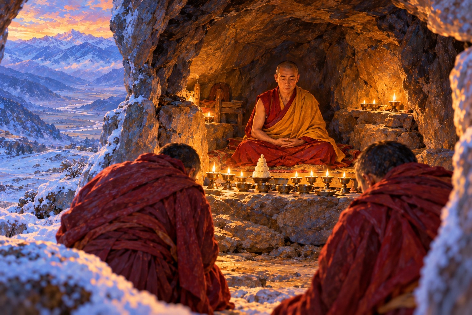 Inside a small rock cave, an older monk sits upright in meditation behind a row of butter lamps and offering bowls, while two attendants in maroon robes bow and quietly step back toward the frosty entrance.