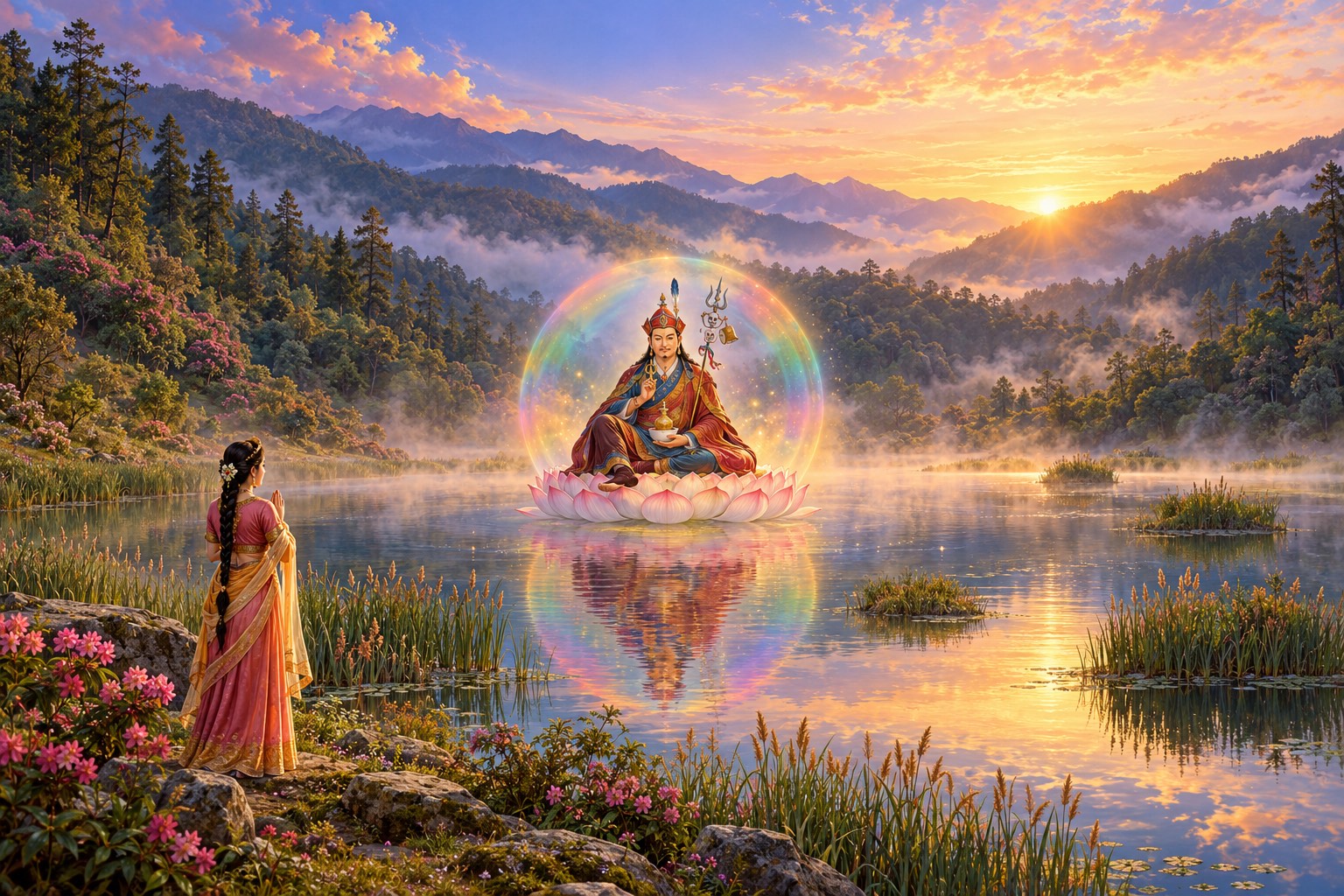 A wide view of a still lake in green hills at dawn. In the middle of the water a large lotus holds the small seated figure of Guru Rinpoche in a soft rainbow halo, while a young woman watches from the shore with her hands joined.