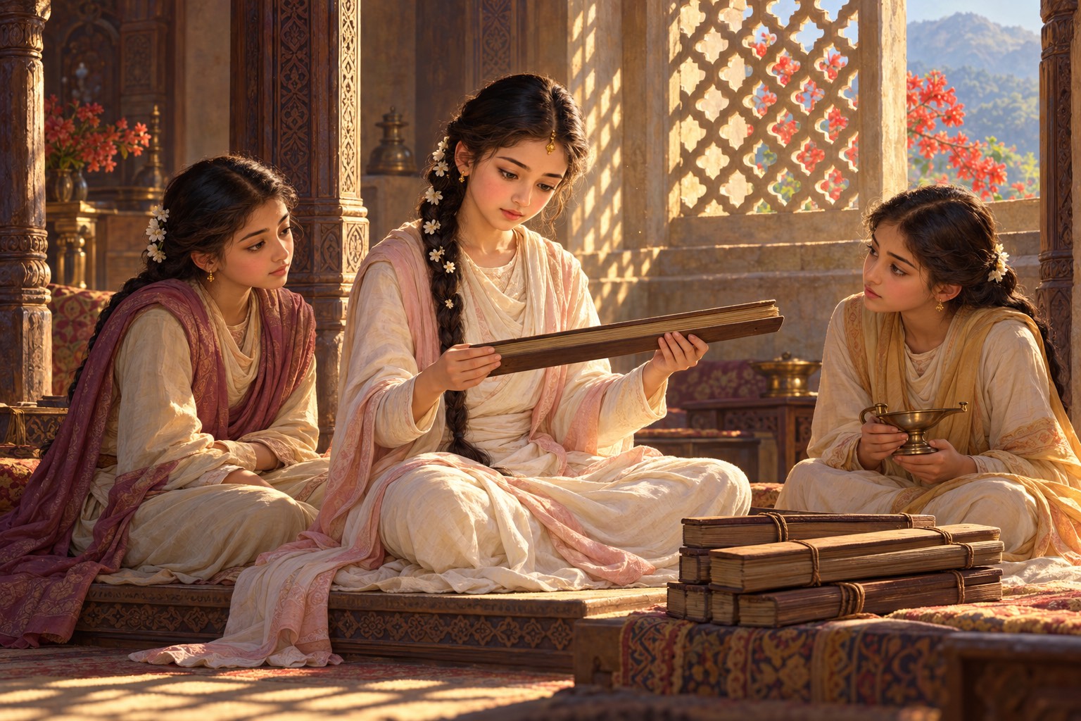 A girl sits cross-legged in a sunlit palace room, reading a long narrow palm-leaf book, while other girls listen beside stacks of bound manuscripts.