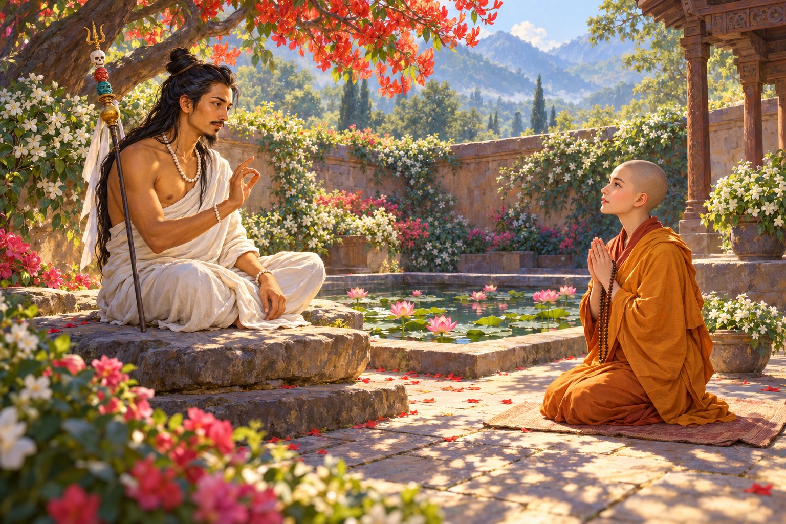 In a garden of red and white flowers, a nun kneels with joined palms before a wandering yogi who raises one hand as he teaches.