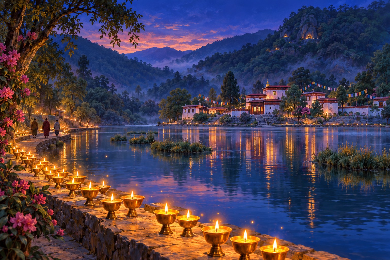 Butter lamps glow along the shore of a small lake at dusk, reflected in the water, with monastery buildings, prayer flags and tiny hillside lights beyond.