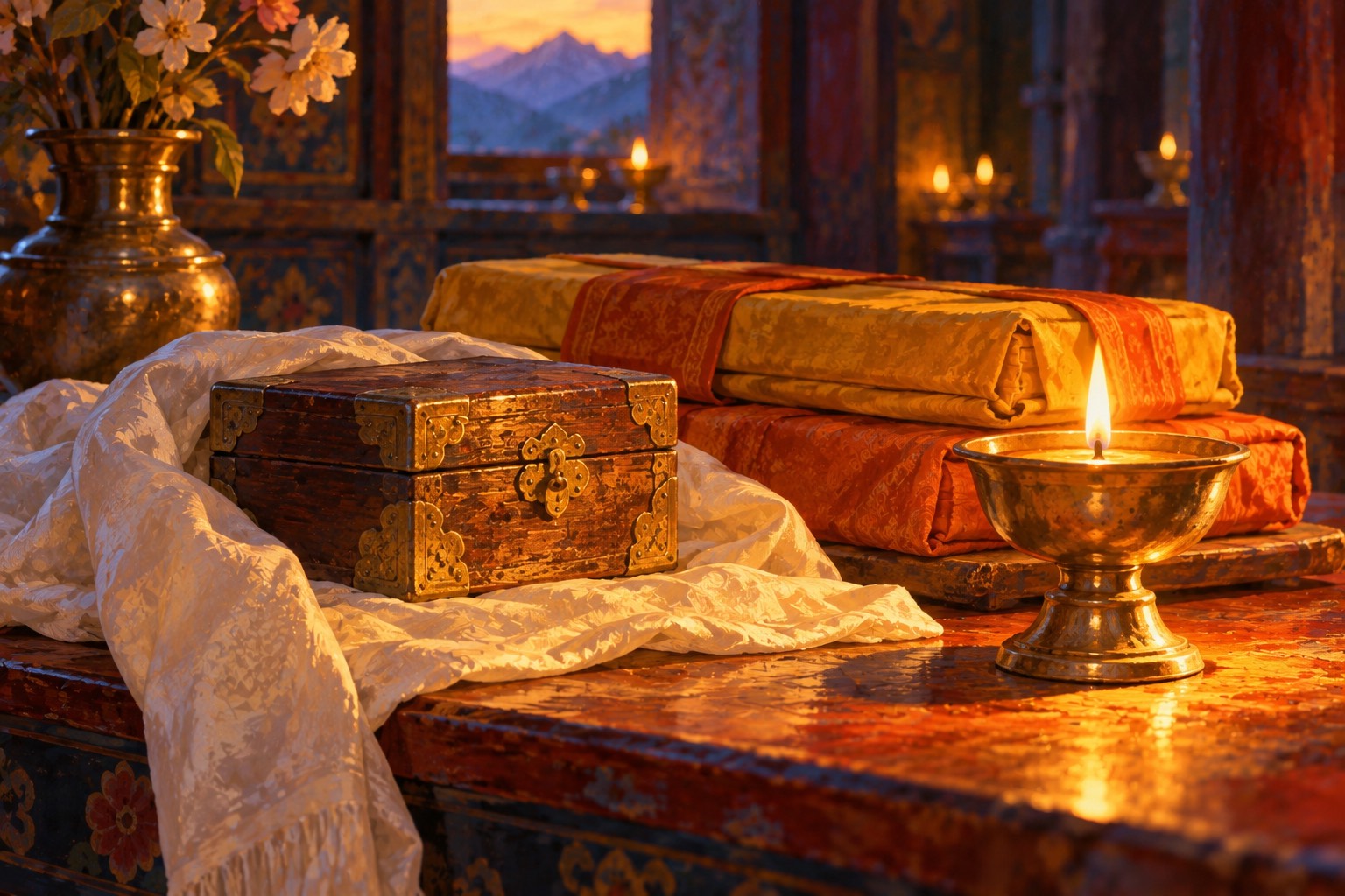 A small square wooden casket with brass corners on a folded white scarf, beside cloth-wrapped Tibetan books and a single glowing butter lamp.