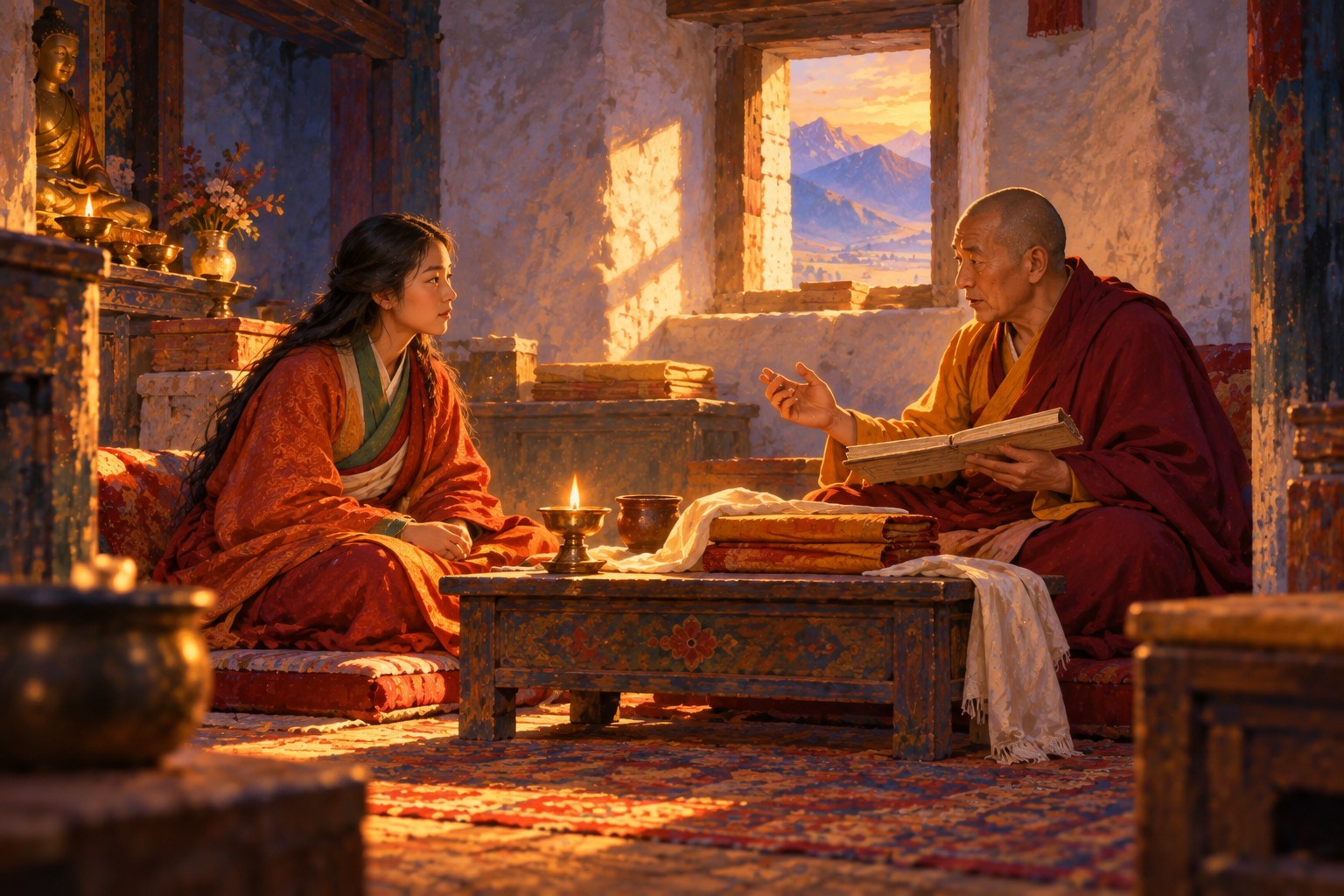 Morning light from a small window falls on a young woman in red-orange robes and an older shaven-headed monk in maroon and saffron, seated across a low table with an open book between them.