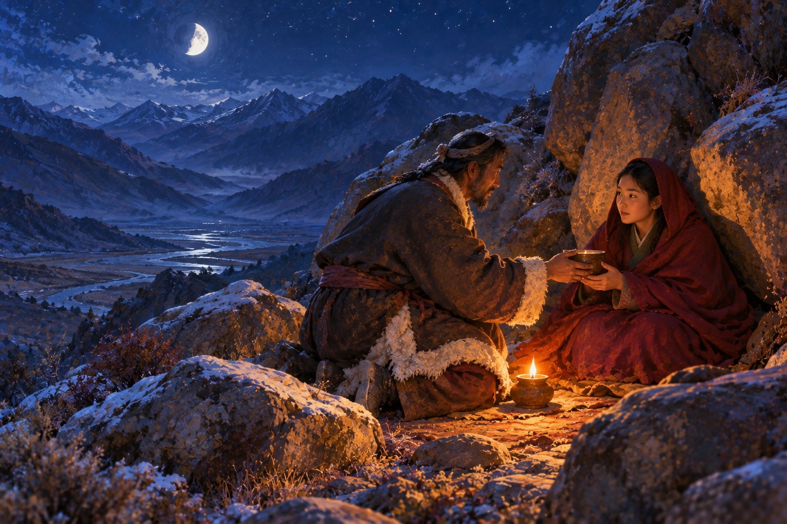 Under a half moon in a rocky valley, a young woman wrapped in a dark red cloak sits hidden between large boulders while a figure in a plain sheepskin robe kneels beside her, offering a wooden bowl by the faint glow of a small lamp.