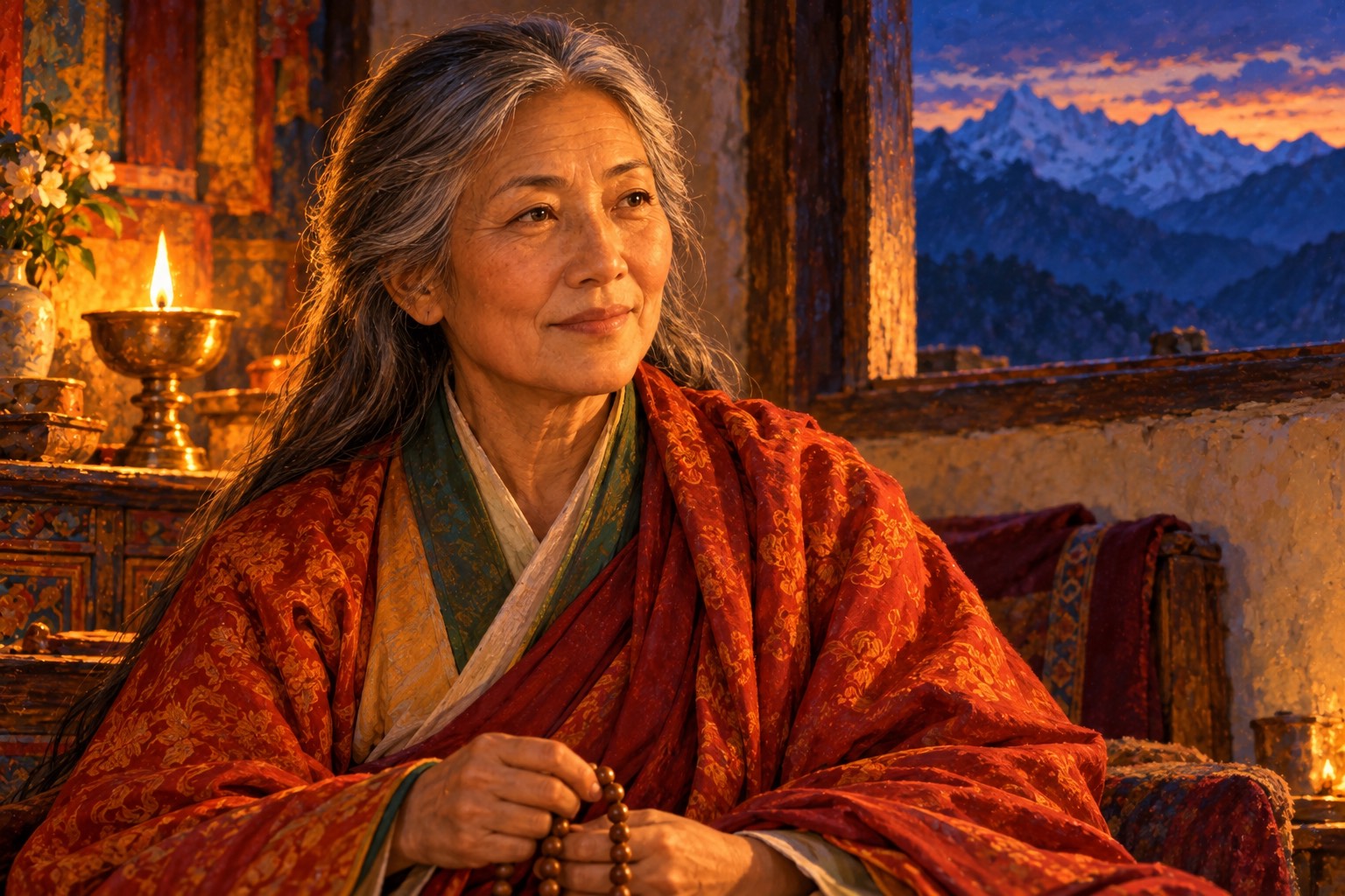 Close portrait of an elderly Tibetan woman teacher with long silver-grey hair and red-orange robes, her lined face serene and kind, holding a wooden mala in the warm light of a single lamp.