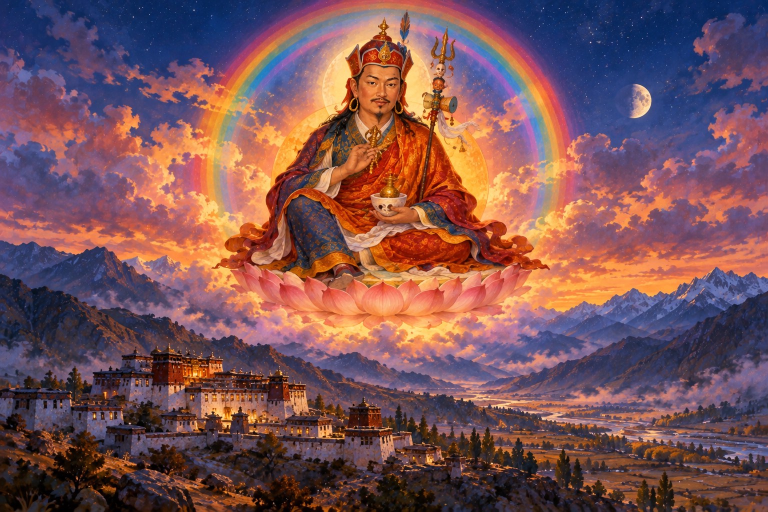 Guru Rinpoche, in his lotus hat and layered robes, holding a vajra at his heart and a skull cup in his lap, sits on a lotus inside a rainbow sphere in the evening sky above a valley where a small monastery's windows glow.