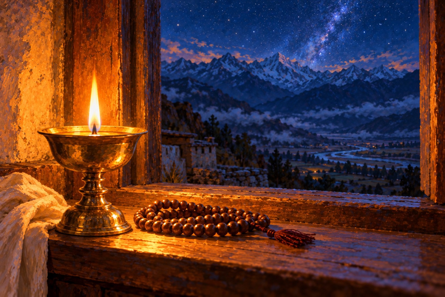 A single brass butter lamp burns on a wooden windowsill beside a coiled mala, with a starry night sky and dark mountains beyond the open window.