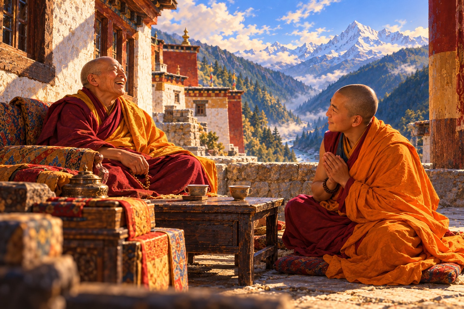 On a sunny monastery terrace, an elderly lama laughs warmly as a kneeling monk in an orange shawl begins to smile, two cups of tea on a small table between them, a forested valley below.