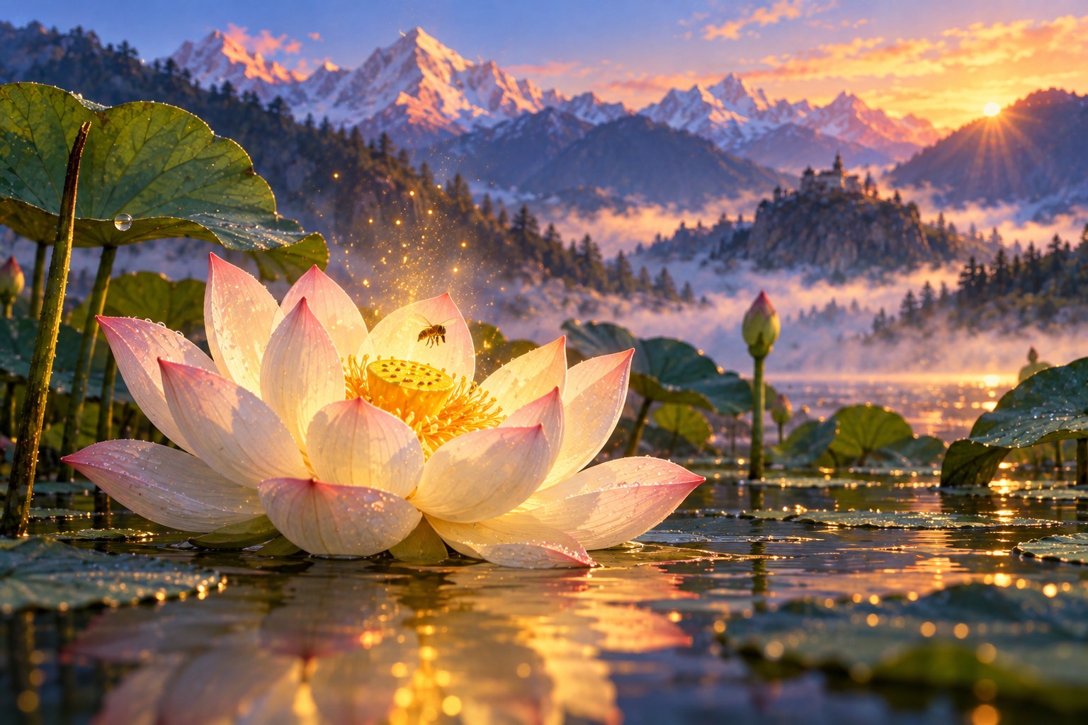 A single white lotus with a golden heart opens at dawn on dark still water, round green leaves beside it and gold motes of light rising like fragrance.