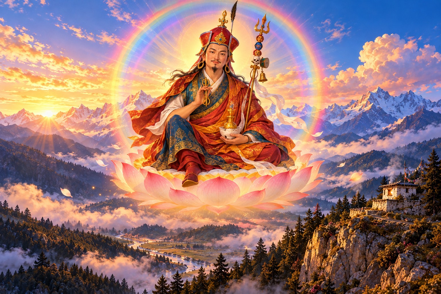 Guru Rinpoche in his lotus hat sits in royal ease on a lotus within a rainbow sphere, high in the sunrise sky above misty forested valleys and a small cliff hermitage.