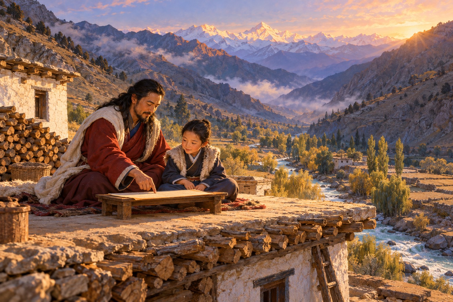 On the flat roof of a stone house, a small boy in a blue robe and sheepskin sits beside his long-haired father, who points to a long narrow page on a low board. Below them a river winds between willows and terraced fields in early morning light.