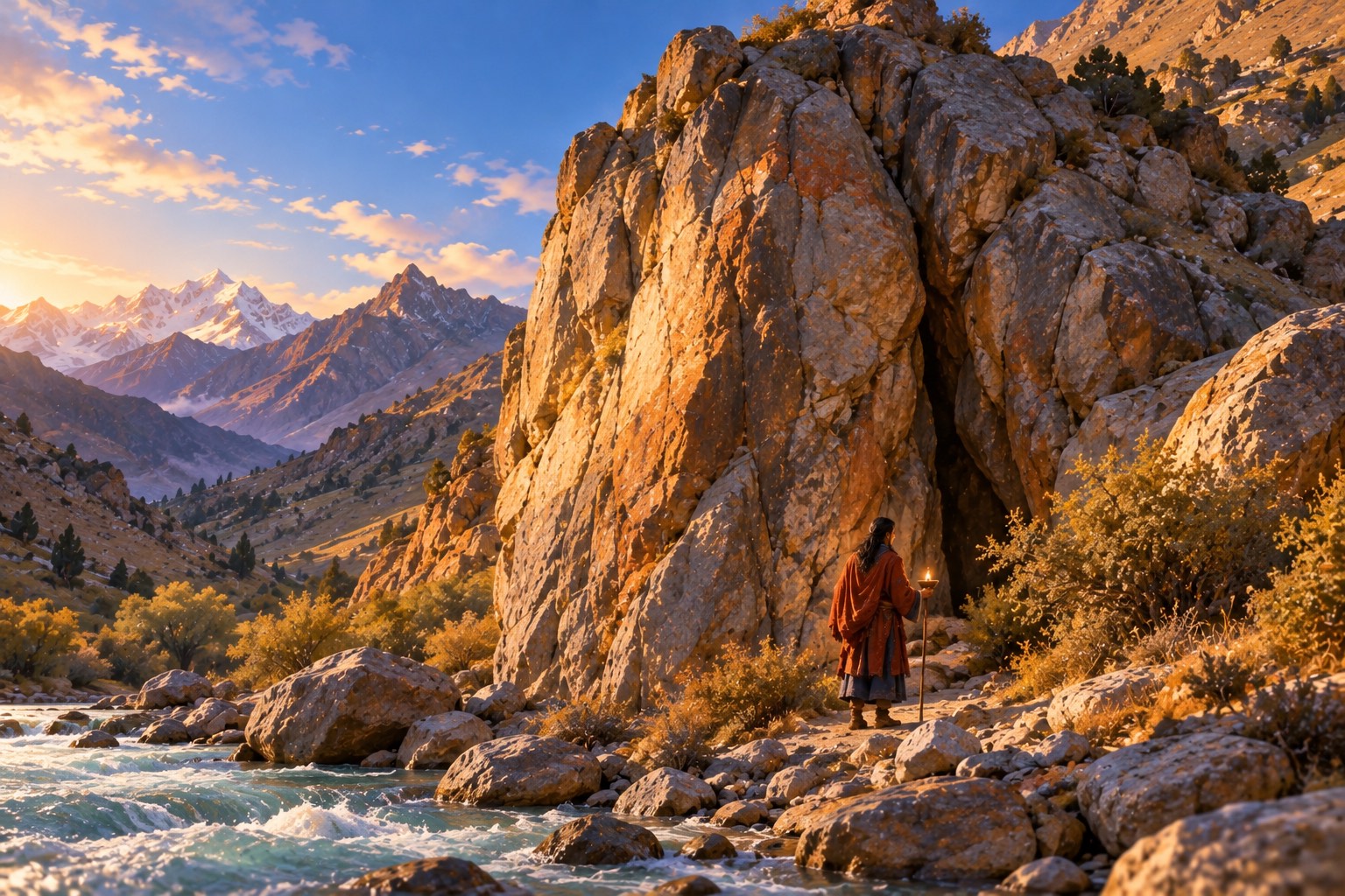 Seen from below, a huge fissured grey rock rises beside a mountain river in golden late-afternoon light. At its foot a small figure with a lamp and staff looks toward a narrow dark cleft half-hidden by scrub.