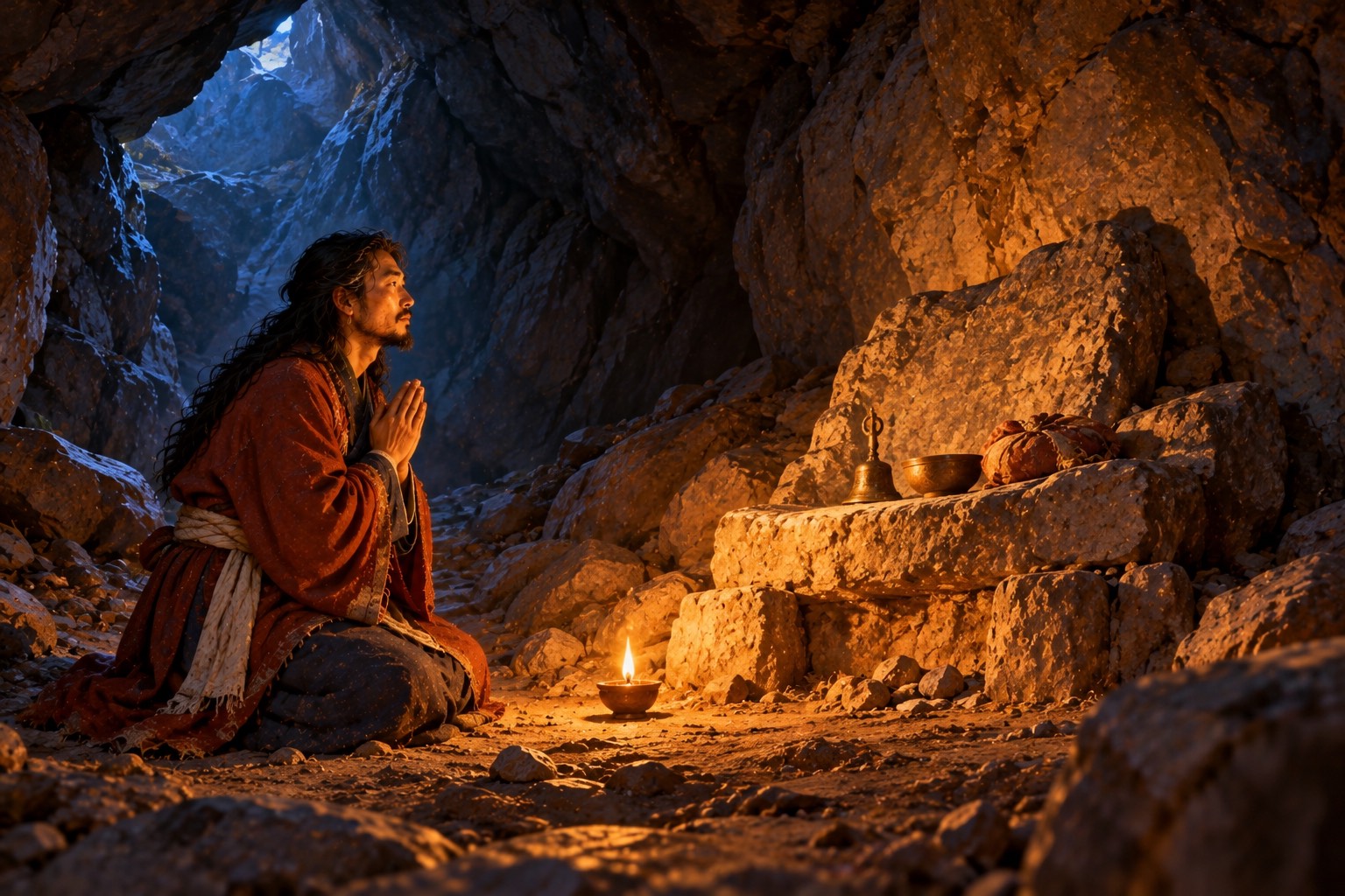 Inside a dark rock cave lit by one small oil lamp, a low stone seat stands empty at the center with a small bell, a bowl and a cloth bundle resting on it. Nyangral kneels nearby with joined hands, gazing at it.