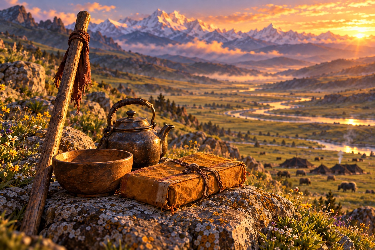A wooden bowl, a small metal teapot and a long book wrapped in faded saffron cloth rest on a flat stone, with a walking staff leaning against it, in warm evening light above a hazy valley.