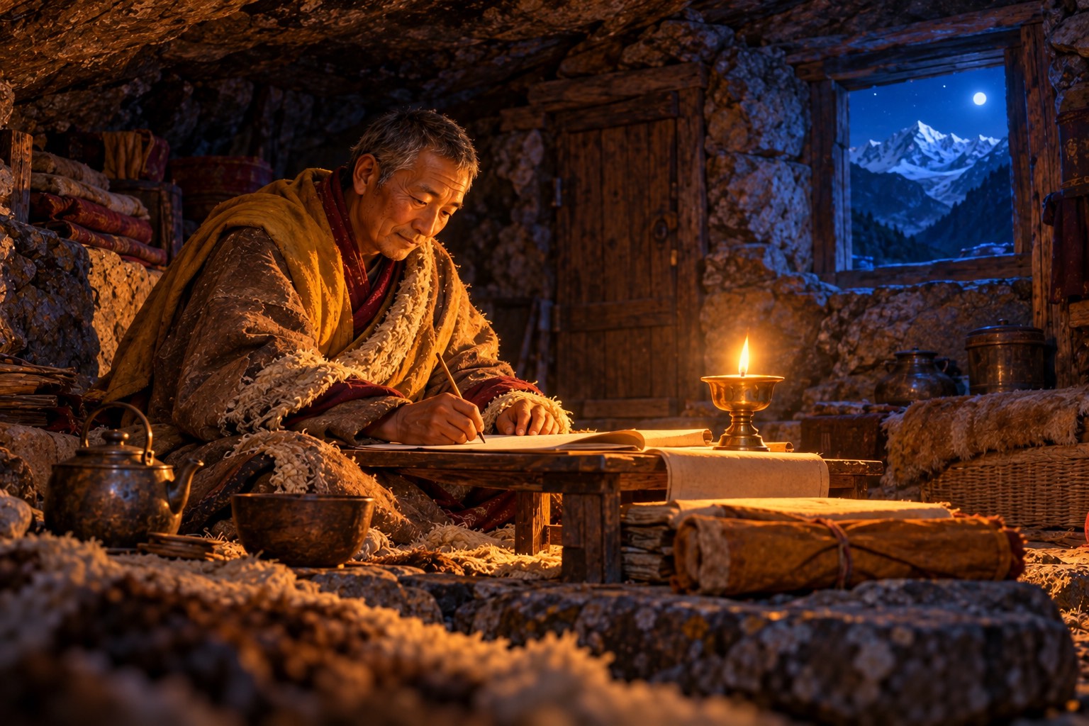 Inside a small stone cave at night, a man in a sheepskin coat writes on long pages by the light of a single butter lamp, with a glacier glimpsed through a tiny window.