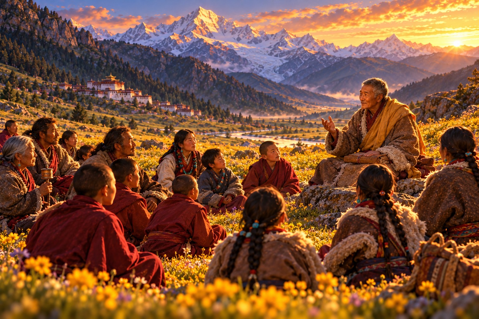 In a meadow full of golden flowers, a man in a sheepskin coat and yellow shawl sits on a stone teaching a large crowd of monks and nomad families sitting on the grass, with a monastery and glacier in the distance.