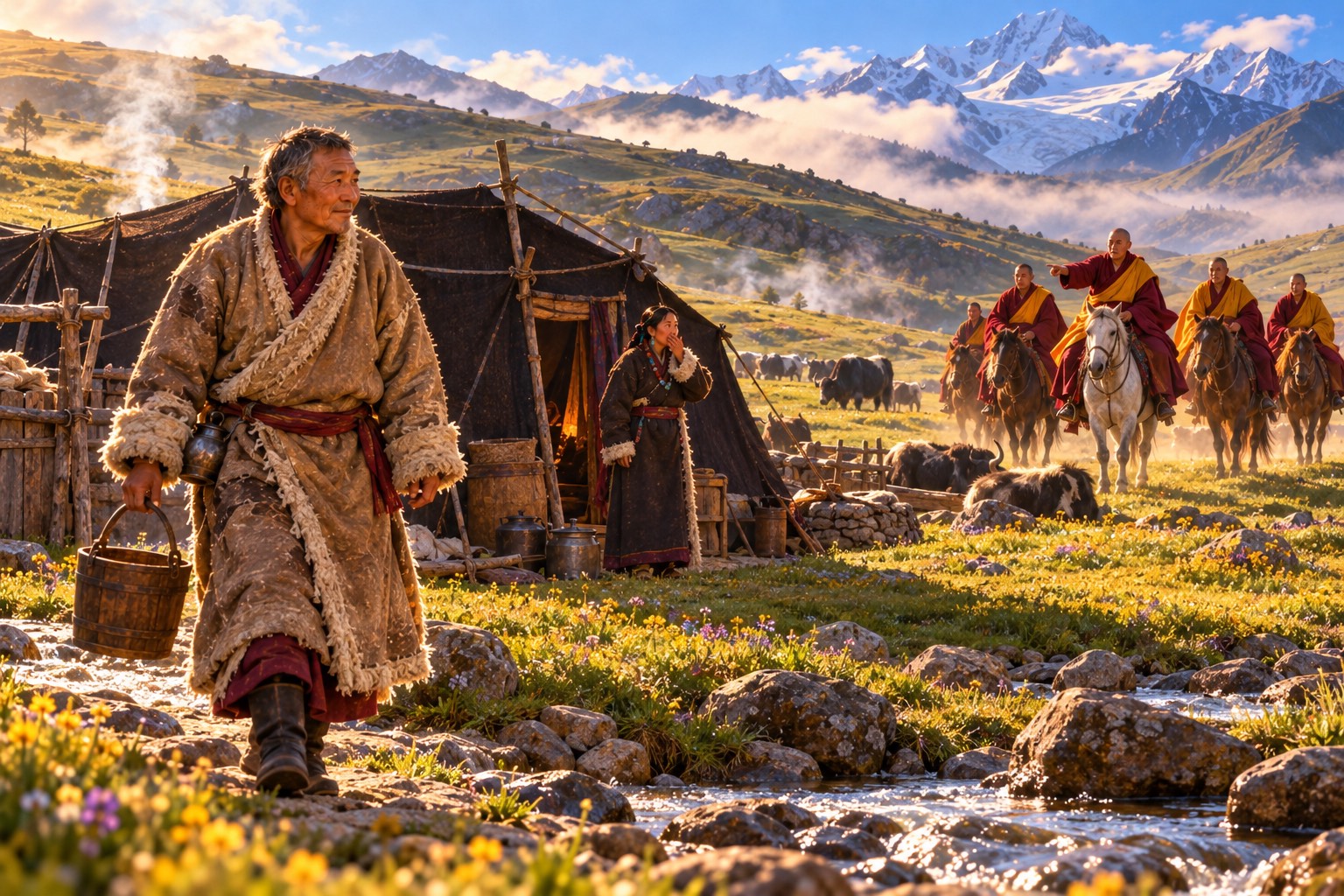 An old man in a plain sheepskin coat walks back from a stream with an empty wooden pail, while a nomad woman at her tent door raises her hand to her mouth and well-dressed monks on horseback ride up behind her.