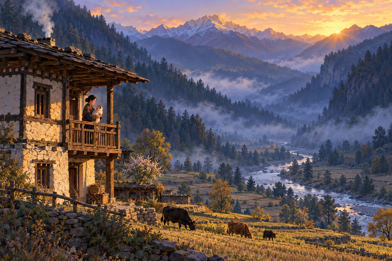 At dawn in a green mountain valley, a young mother stands on the wooden balcony of an earth-and-timber farmhouse holding a swaddled baby. Below are small barley fields, a river and steep pine forest touched by the first sunlight.