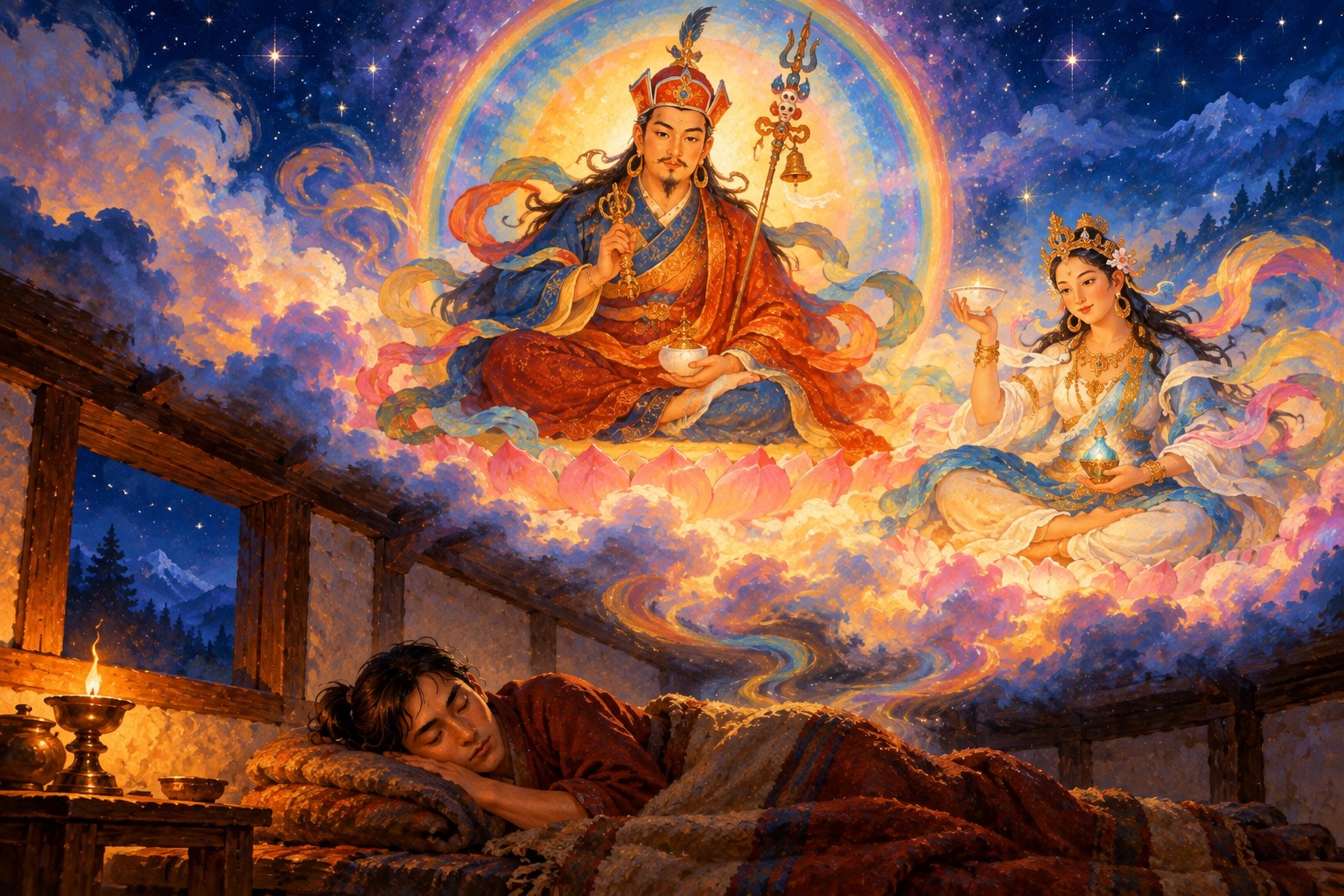 A young man sleeps on a mat in a simple room. Above him the ceiling opens into a starry sky where Guru Rinpoche sits on a lotus in rainbow light with Yeshe Tsogyal beside him, both turned toward the sleeper.