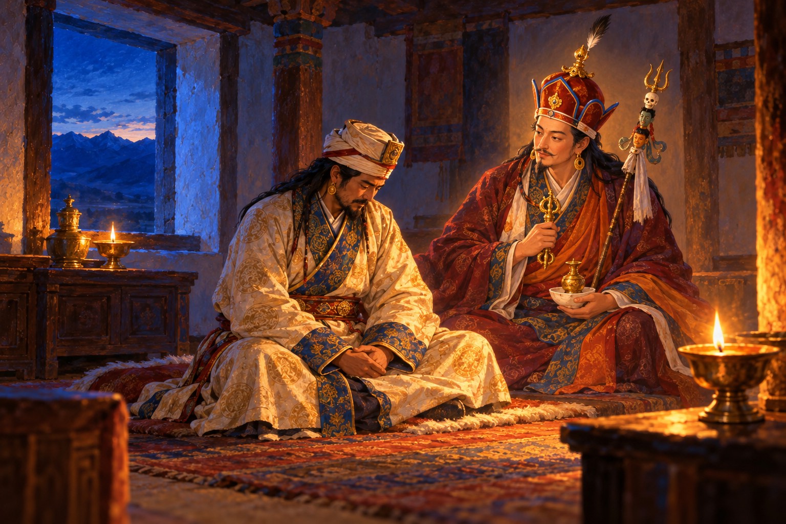 In a lamp-lit room with whitewashed walls, a king in a turban sits with his head bowed. Beside him on a cushion sits Guru Rinpoche in his lotus hat, turned toward him with a gentle, caring expression.