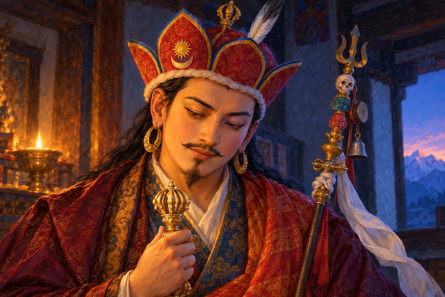 A close portrait of Guru Rinpoche in his lotus hat, eyes lowered in compassion and concentration, holding a golden vajra at his heart, lit warmly on one side by lamplight and coolly on the other by dawn.