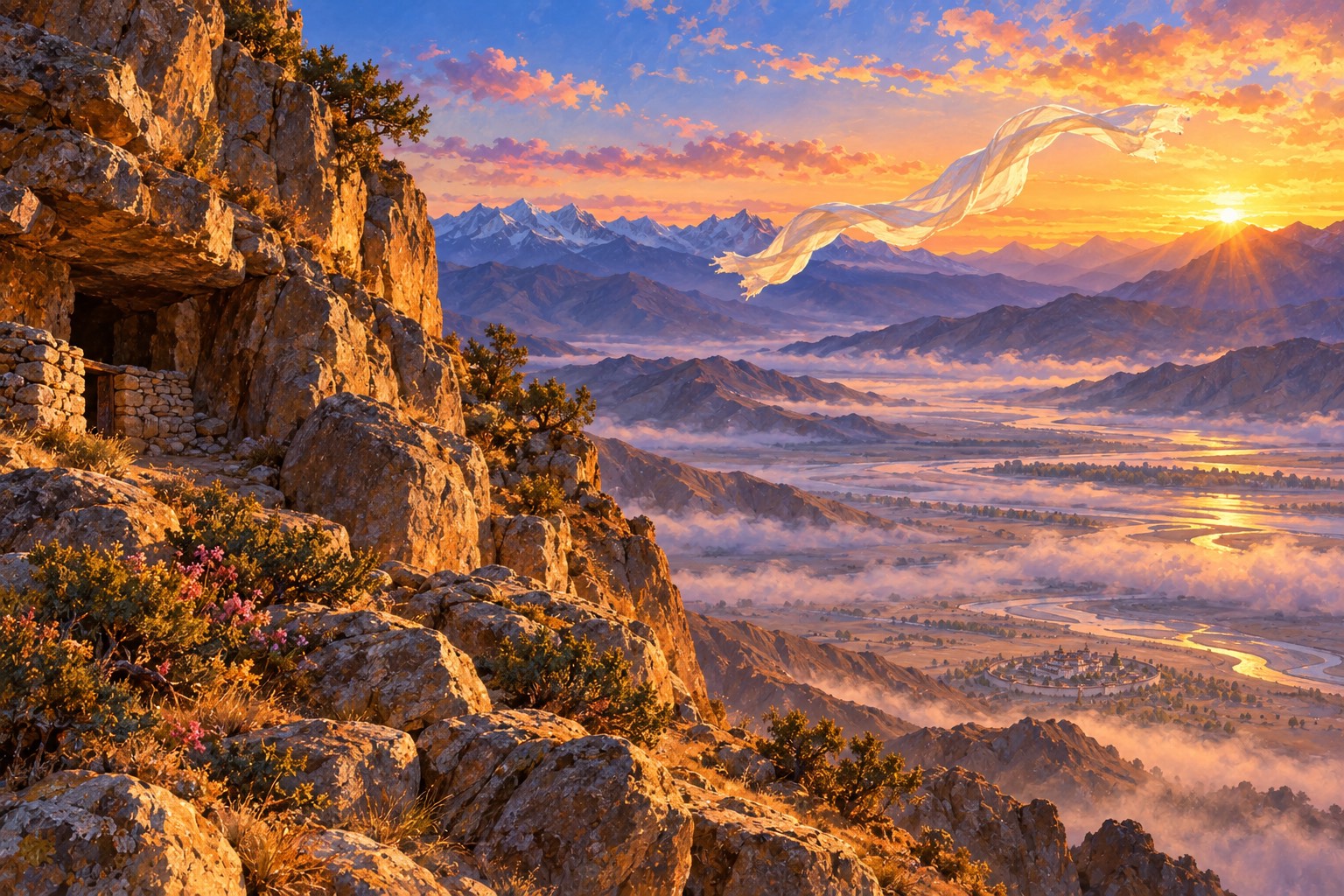 From high rocky crags at sunrise, a white silk scarf floats away on the wind over a misty valley, where a tiny circle of temples can be seen far below.