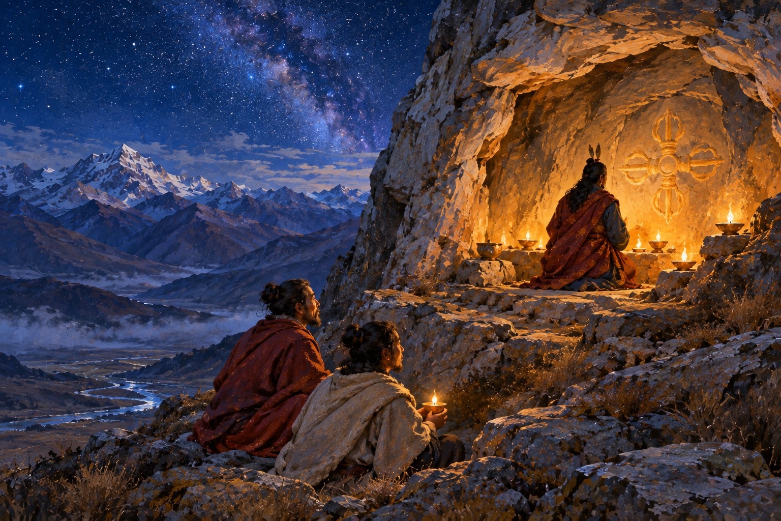 A cave mouth high on a mountainside at night under a starry sky. Inside, a kneeling figure faces a rock wall lit by butter lamps, where the faint shape of a crossed vajra glows. Two disciples wait on a ledge below with a small lamp.