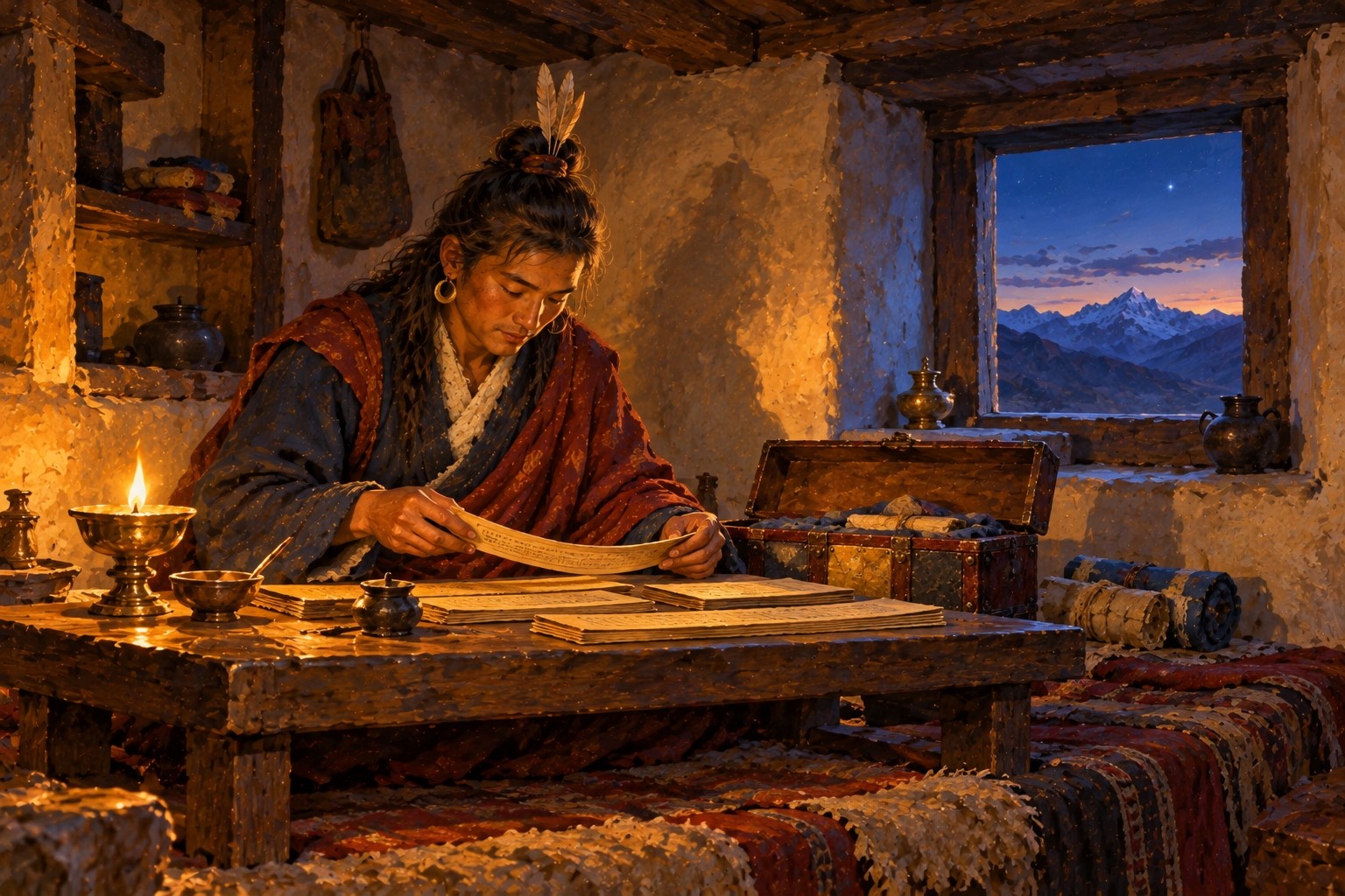 In a lamplit stone room at dusk, a man in a maroon shawl with long hair and a topknot sits cross-legged, bending over pairs of yellowed folios on a low table, an open leather casket beside him. A small window shows violet mountains under a blue sky.