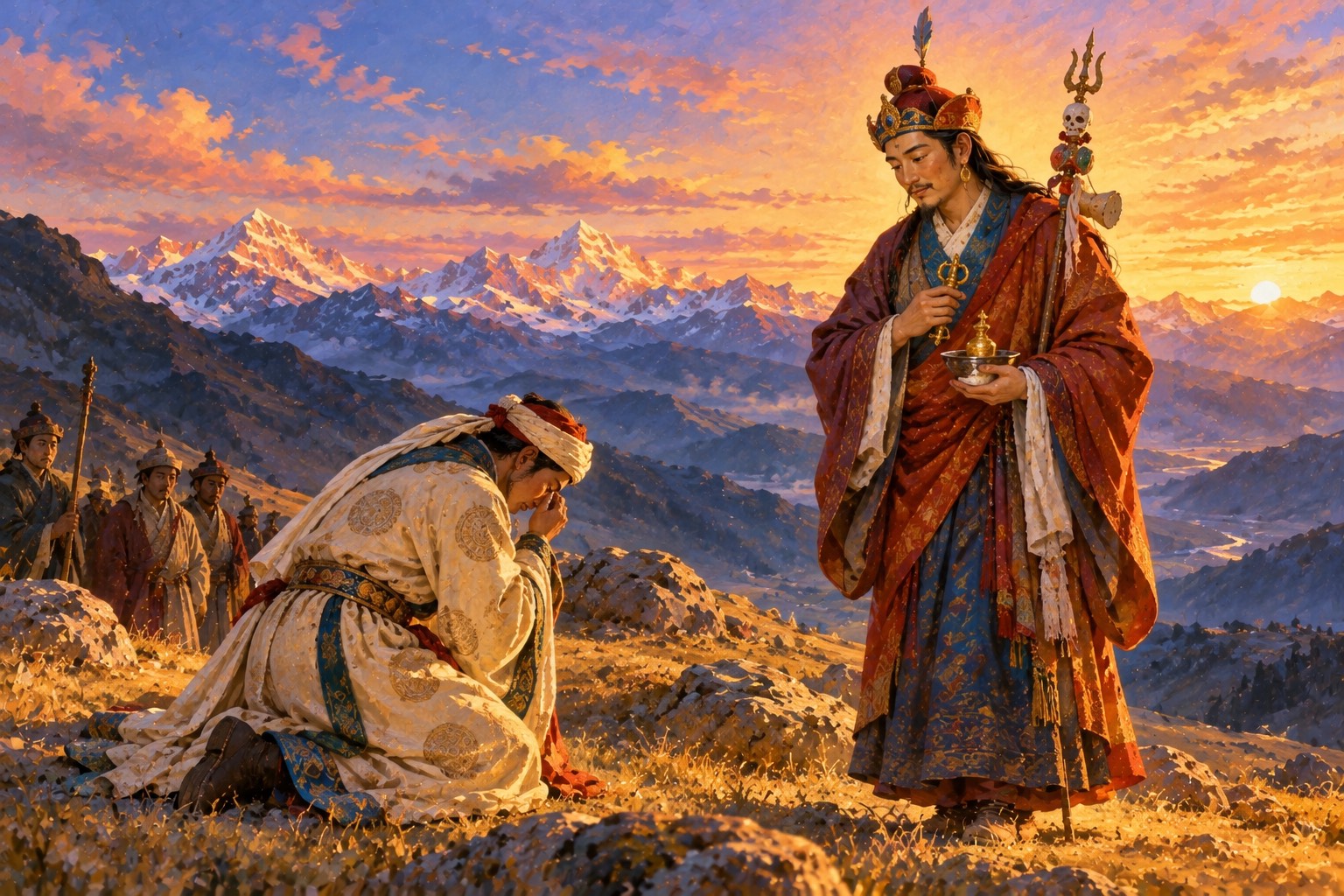 On a high mountain pass at dusk, Guru Rinpoche in his lotus hat and robes stands in a faint glow of light, looking down with tenderness at a young prince in a cream silk robe and turban who kneels and bows before him, grieving.