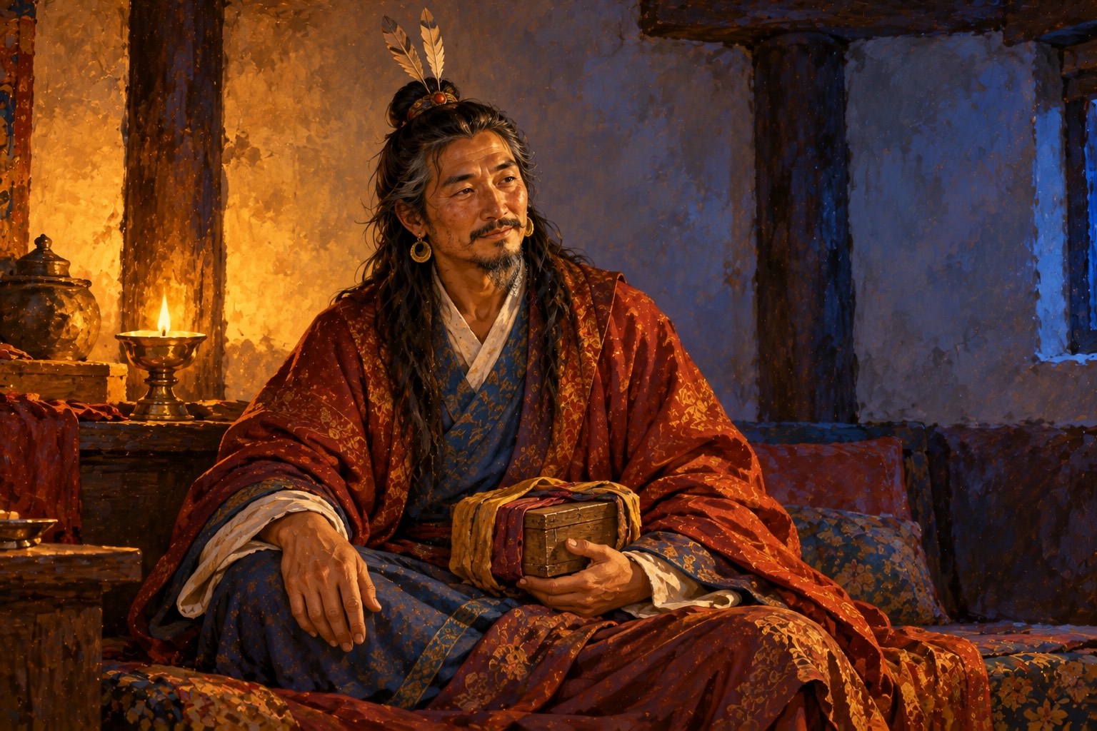 Half-length portrait of a serene older man in a maroon shawl over a dark blue robe, long hair and a topknot from which three small feathers rise, holding a small silk-wrapped casket in his lap in warm lamplight.