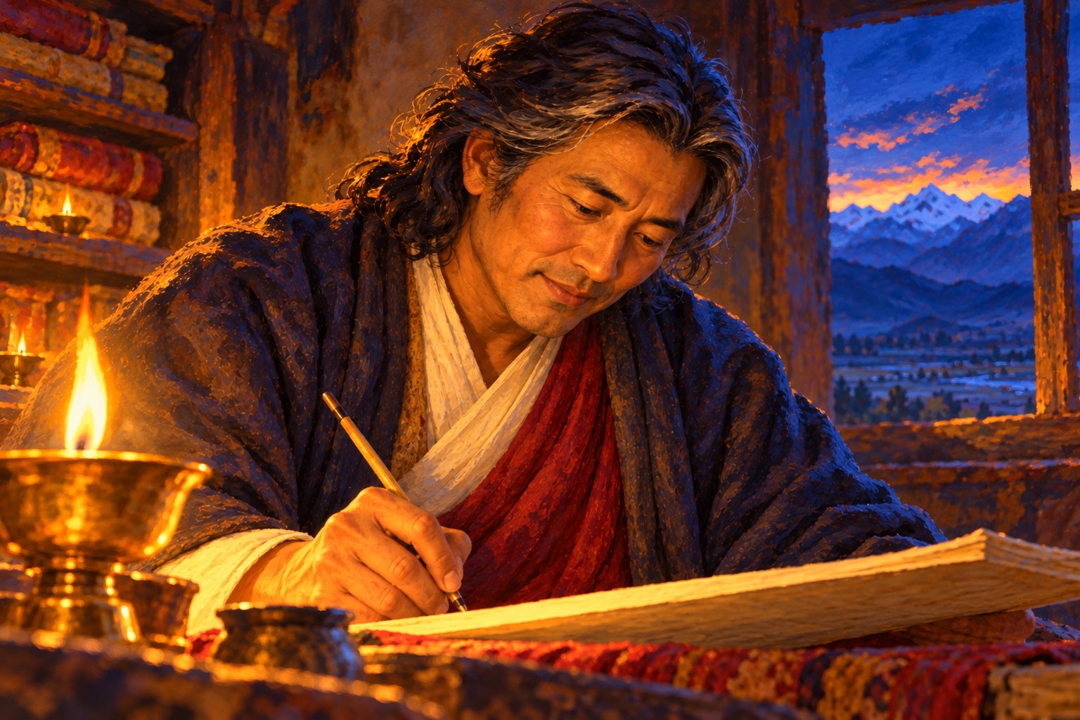 Close portrait of an older Tibetan scholar with shoulder-length dark hair greying at the temples, writing by the light of a butter lamp, his face calm and kind.