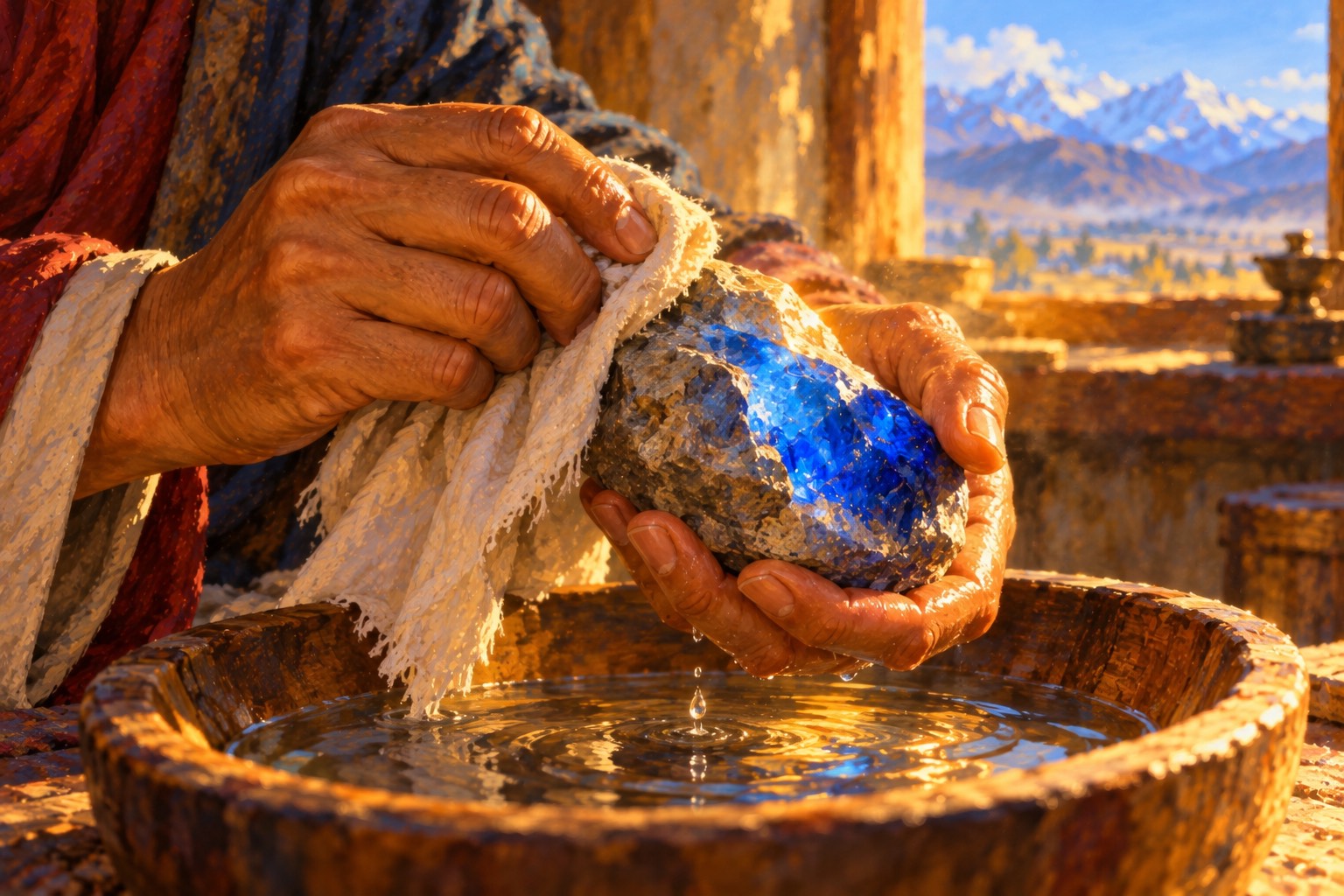 Close-up of two hands cleaning a dull grey stone with a cloth. Where the cloth has passed, the stone shines as a clear blue jewel glowing with soft light.