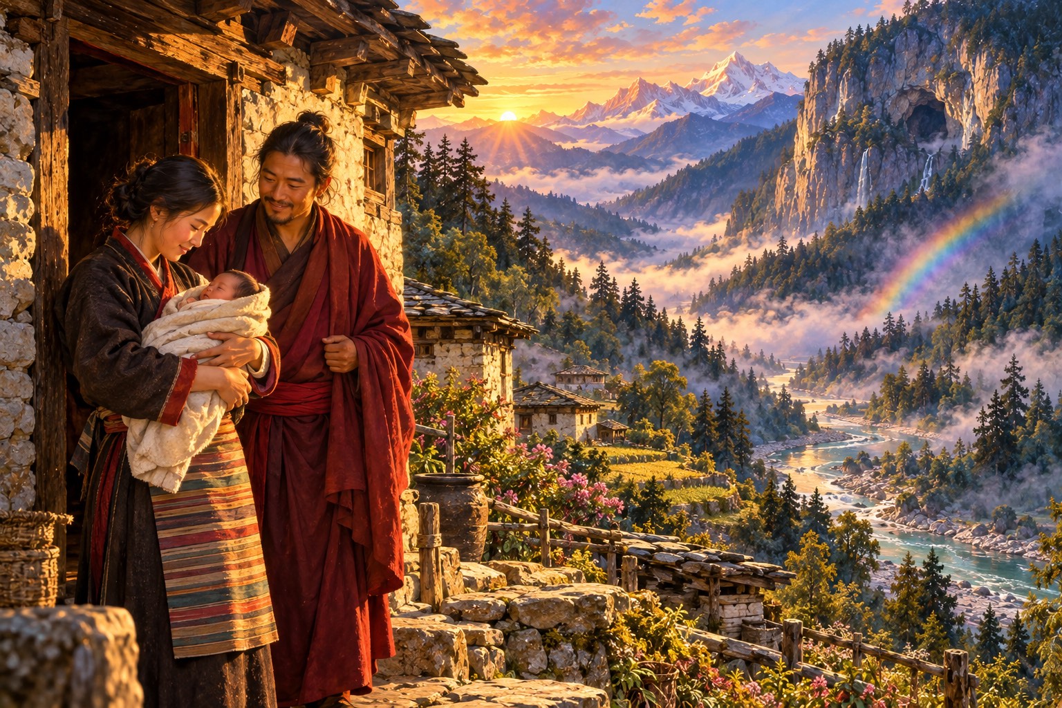 A mother holds a newborn at the doorway of a timber house while the father looks on, a forested valley and a faint rainbow behind them in sunrise light.
